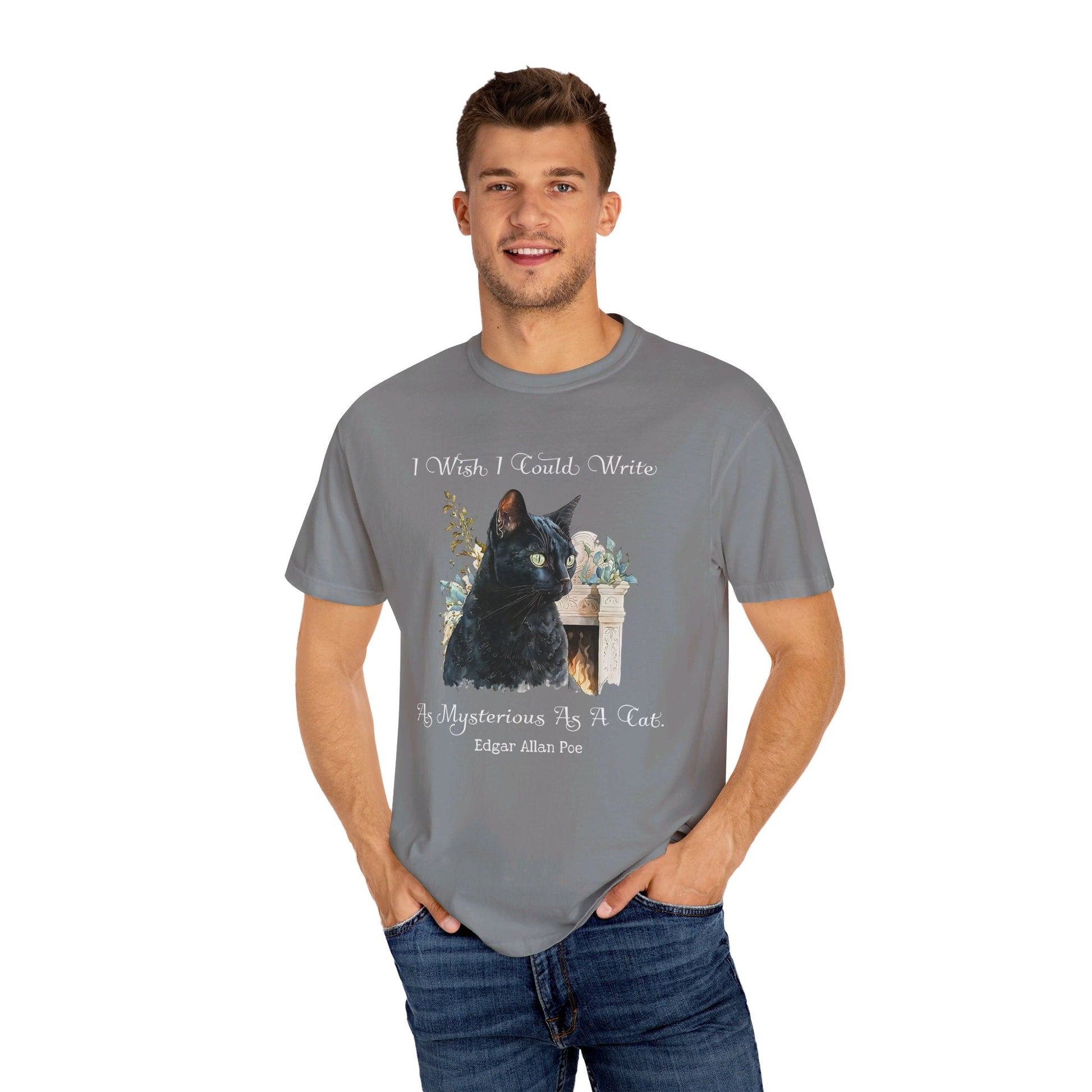 Edgar Allan Poe T-Shirt The Black Cat Nevermore The Raven Poe Fan Art Poetry Book Lover, Dark Cottagecore Macabre Gift, Light, Dark Academia T-Shirt Printify   