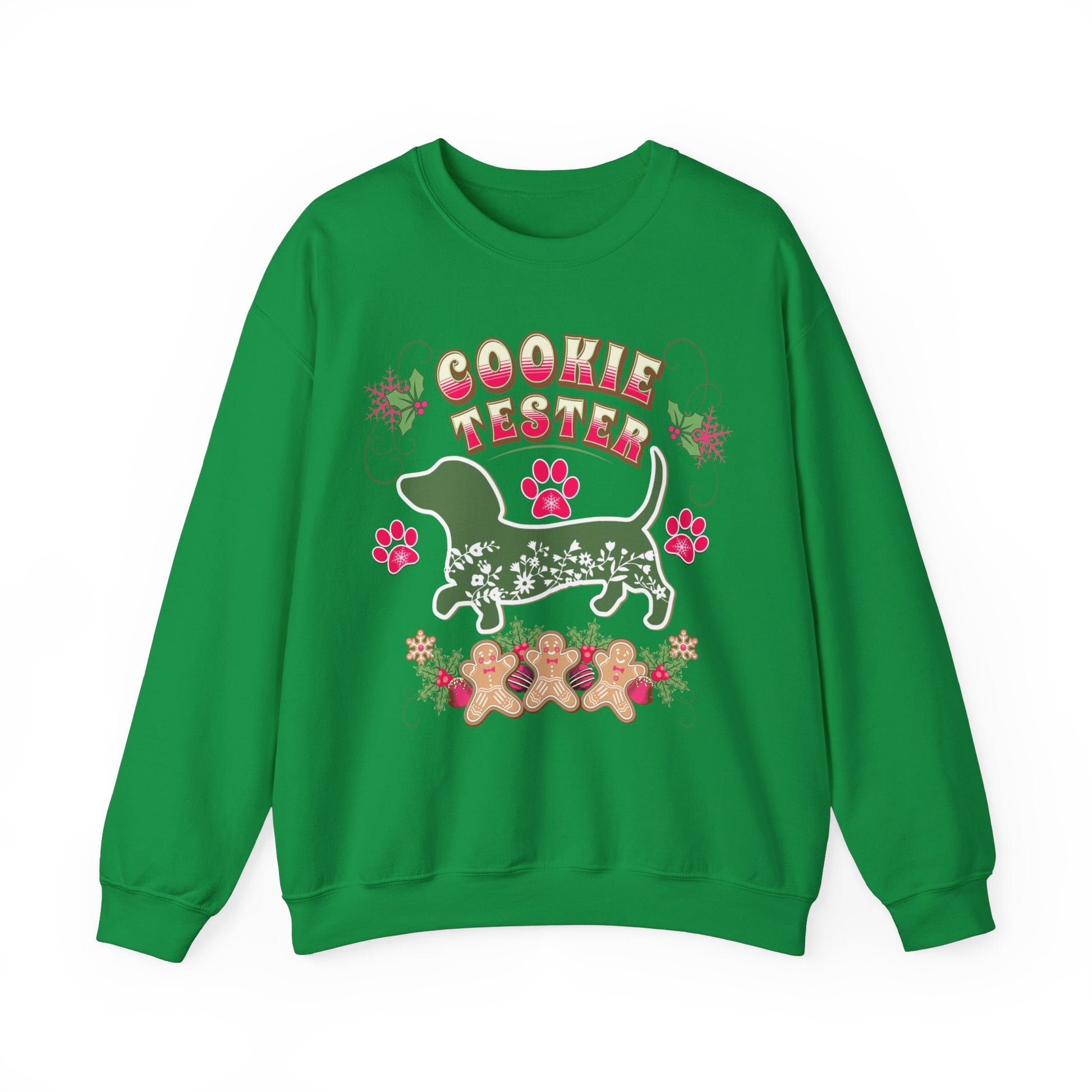 Christmas Dachshund Lover Baking Sweatshirt, Doxie Cookie Tester XMas T-Shirt, Dog Lover Shirt, Matching Family Christmas Cookie Baking Gift Sweatshirt Printify S Irish Green 