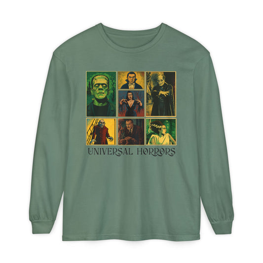 Universal Horrors Long Sleeve Tee, Vintage Horror Shirt, Unisex Graphic Tee, Halloween Apparel, Movie Buff Gift Long-sleeve Printify Light Green S