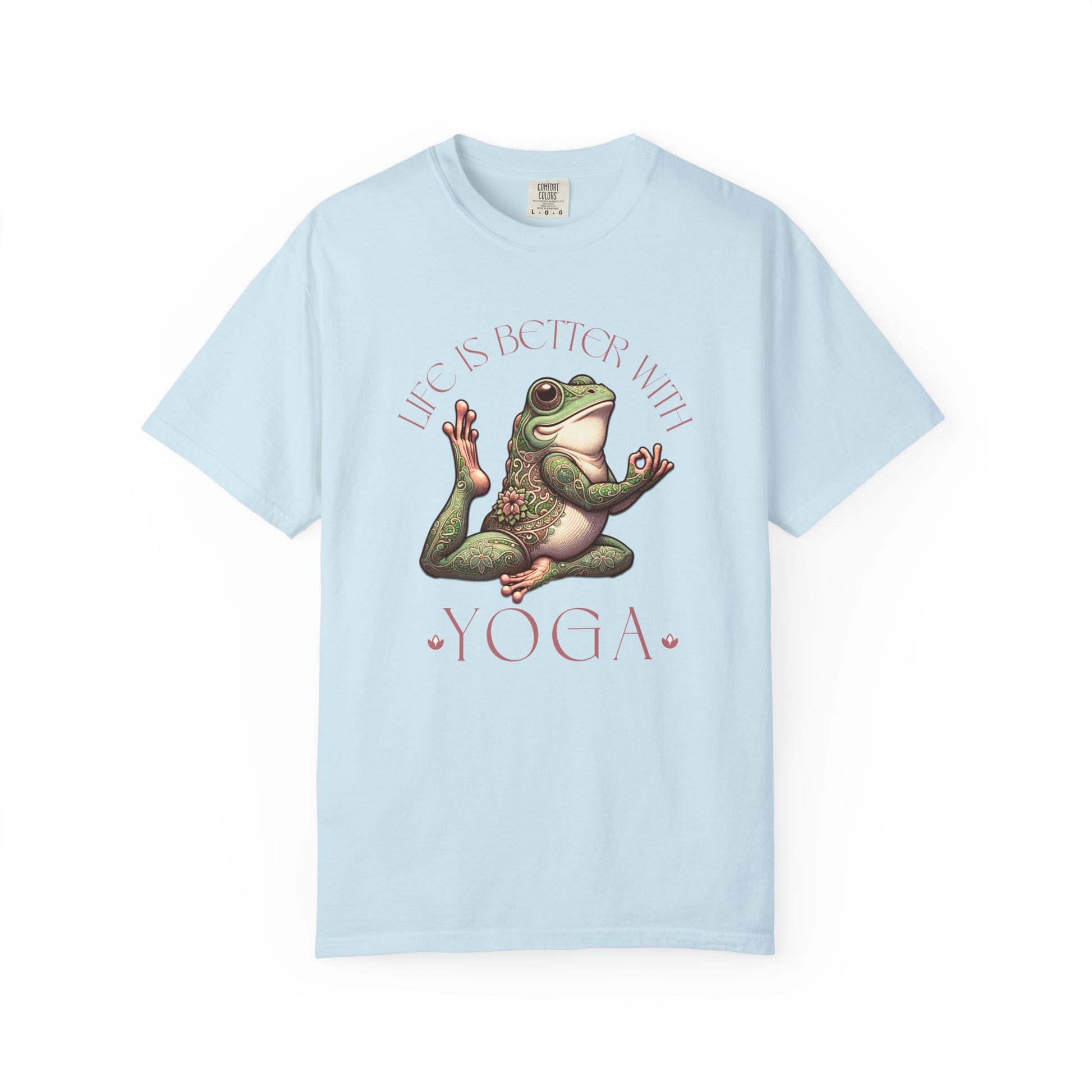 Pink Yoga Frog Life Is Better With Yoga Unisex T-Shirt, Casual Wear, Highlander Fan Gift, T-Shirt Printify Chambray S
