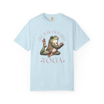 Pink Yoga Frog Life Is Better With Yoga Unisex T-Shirt, Casual Wear, Highlander Fan Gift, T-Shirt Printify Chambray S