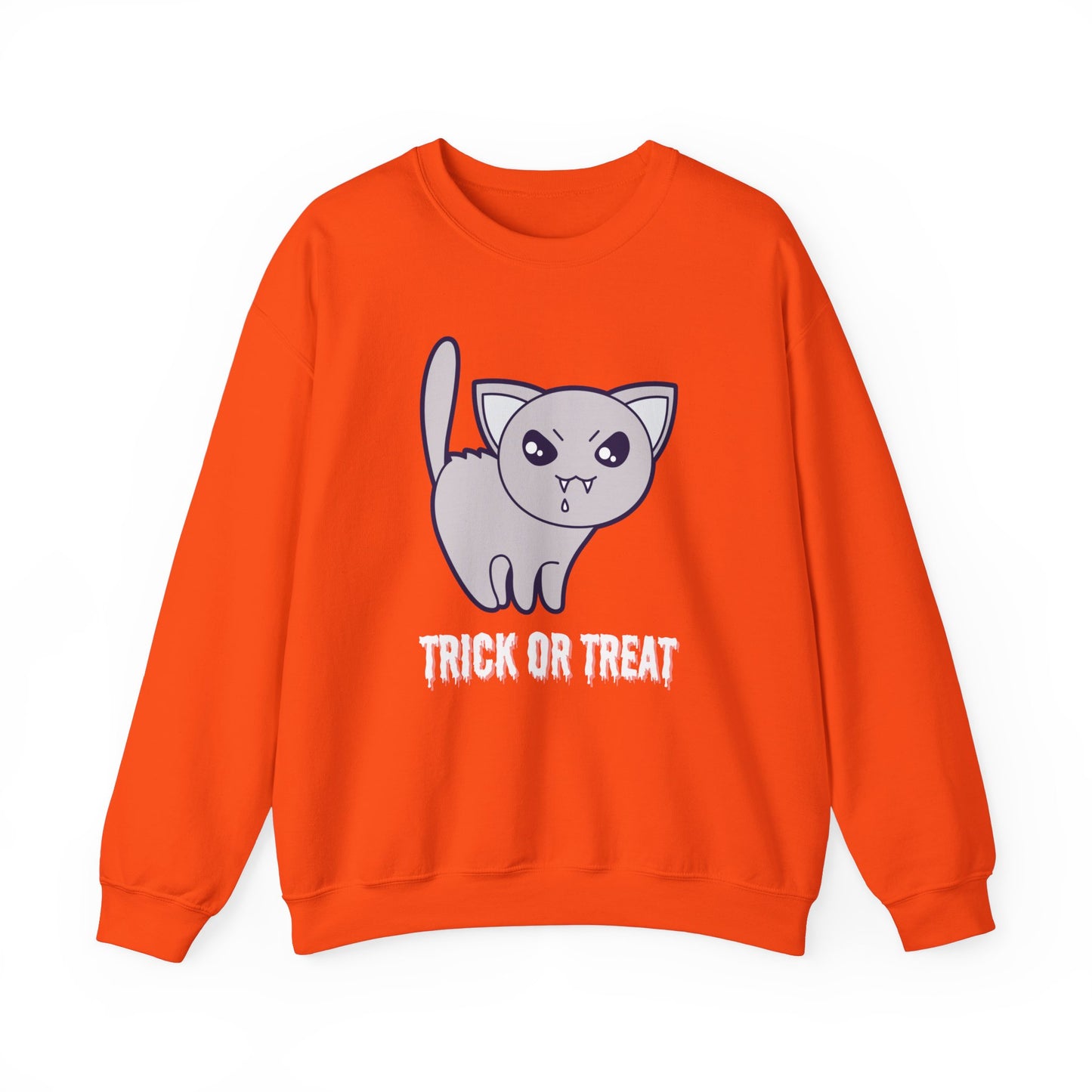 Cute Halloween Vampire Cat Sweatshirt, Trick or Treat Shirt, Spooky Ghost Season, Fun Halloween Fall, Festival Sweatshirt Sweatshirt Printify S Orange 