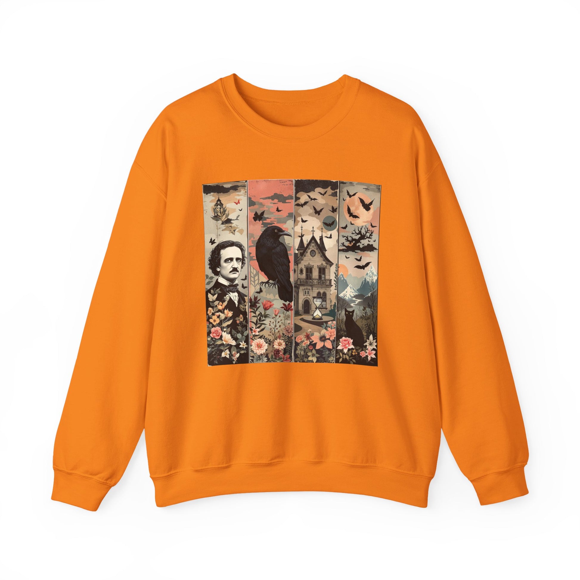 Edgar Allan Poe Sweatshirt The Raven Nevermore Gothic Horror Sweater Dark Academia Macabre Halloween Gift for Book Lovers Birthday Christmas Sweatshirt Printify Safety Orange S