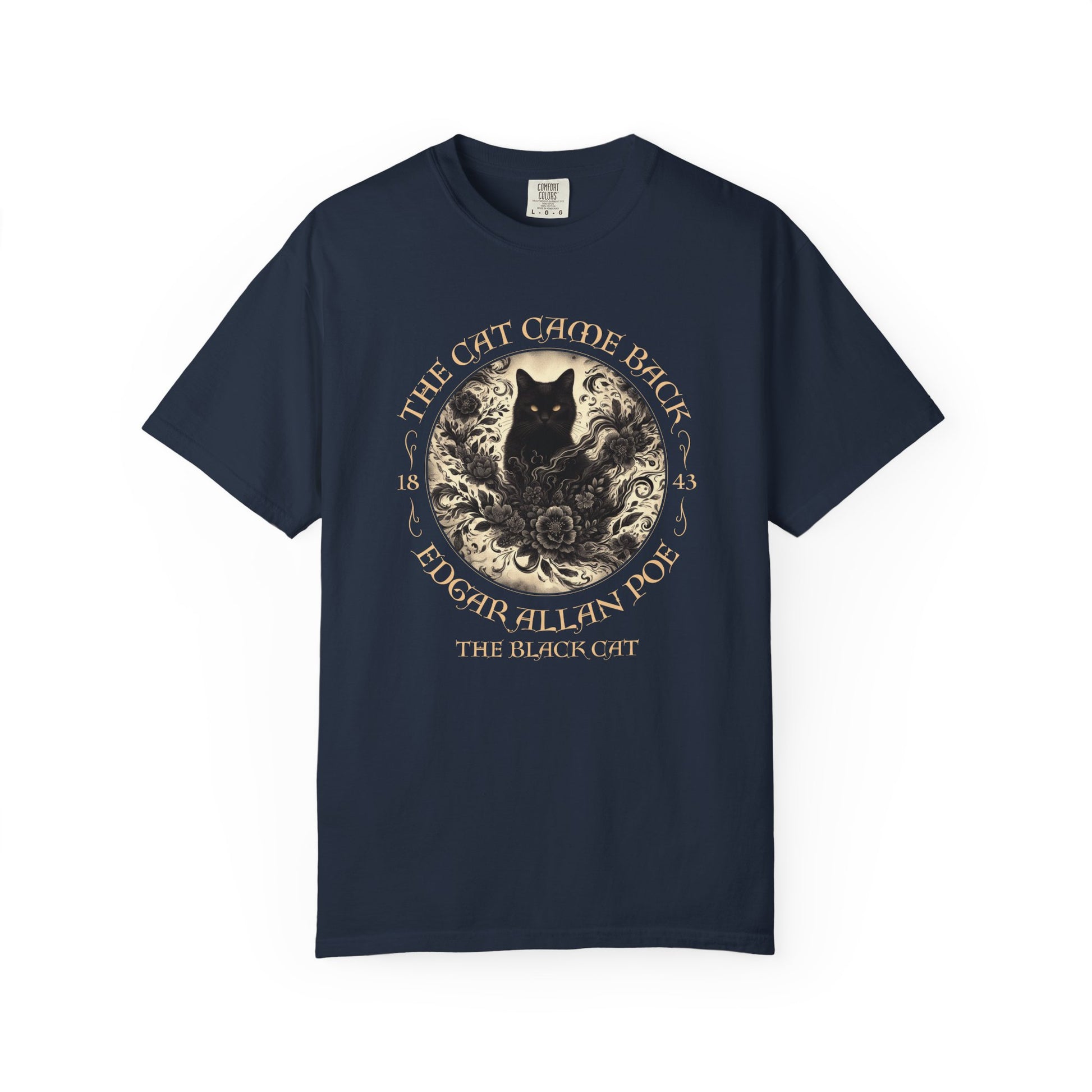 Gothic Cat TShirt Edgar Allan Poe The Black Cat Dark Academia Cottagecore Aesthetic Book Lover Gift Haunting Apparel Halloween Fall Tee T-Shirt Printify Navy S