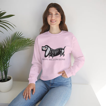 Funny Halloween Dachshund Lover Sweatshirt, Skeleton Dachshund Walking Graphic, Trick or Treat Shirt, Spooky Season, Happy Halloweenie Top Sweatshirt Printify   