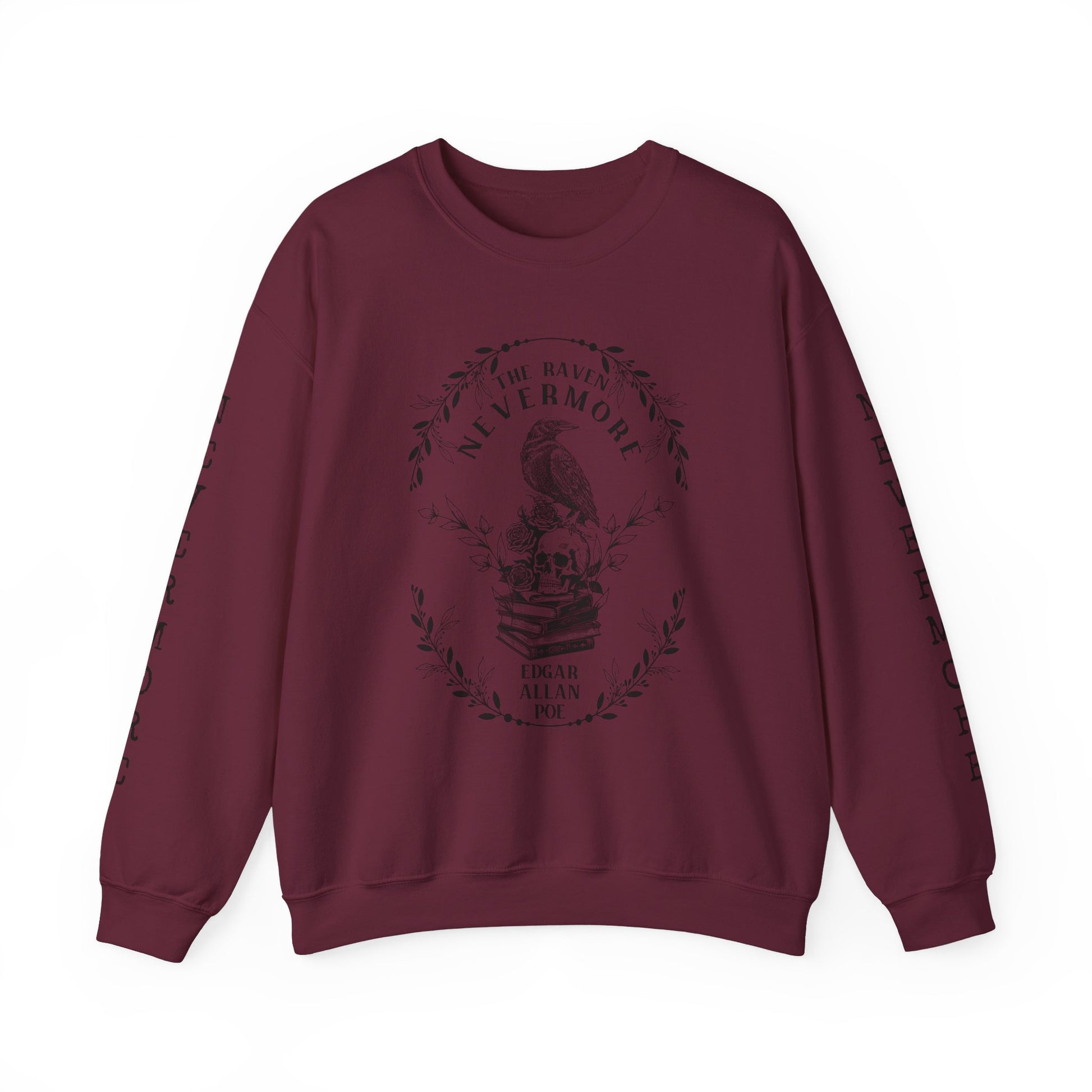 Edgar Allan Poe, Nevermore The Raven Sweatshirt, Book Lover, Halloween, Haunting Gothic Gift, Light, Dark Academia, Horror Movie Sweater Sweatshirt Printify S Maroon 