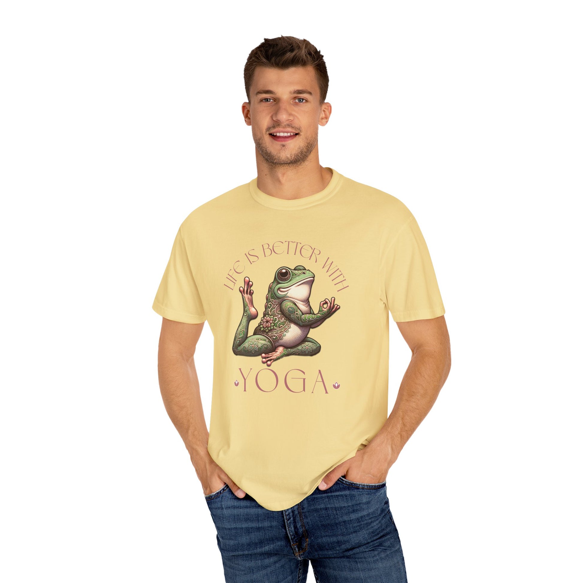 Pink Yoga Frog Life Is Better With Yoga Unisex T-Shirt, Casual Wear, Highlander Fan Gift, T-Shirt Printify