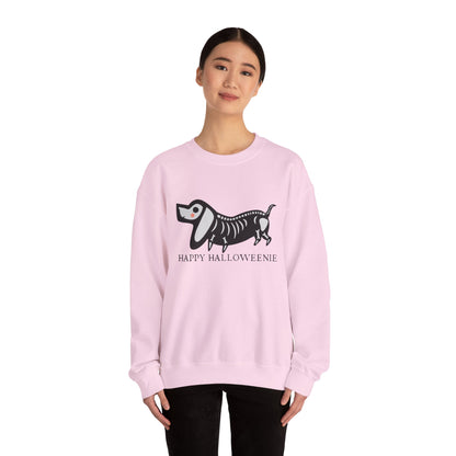 Funny Halloween Dachshund Lover Sweatshirt, Skeleton Dachshund Walking Graphic, Trick or Treat Shirt, Spooky Season, Happy Halloweenie Top Sweatshirt Printify   