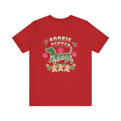 Christmas Dachshund Lover Baking TShirt,  Doxie Cookie Tester X-Mas T-Shirt, Dog Lover Shirt, Matching Family Christmas Cookie Baking Gift T-Shirt Printify Red XS 