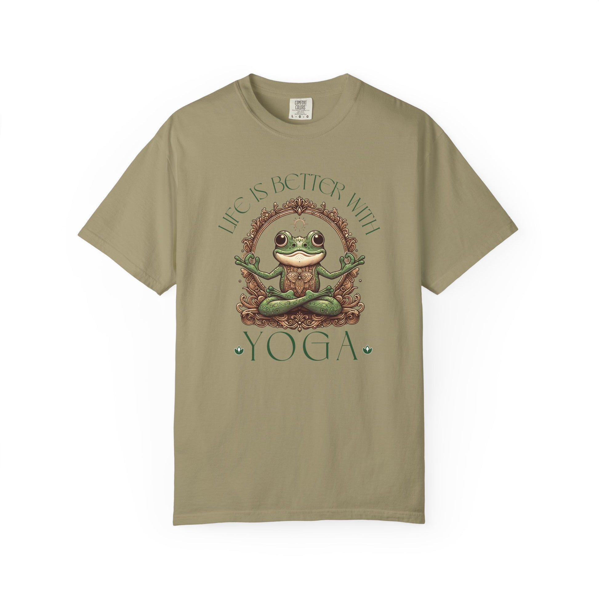 Green Yoga Frog Life Is Better With Yoga Unisex T-Shirt, Casual Wear, Highlander Fan Gift, T-Shirt Printify Khaki S