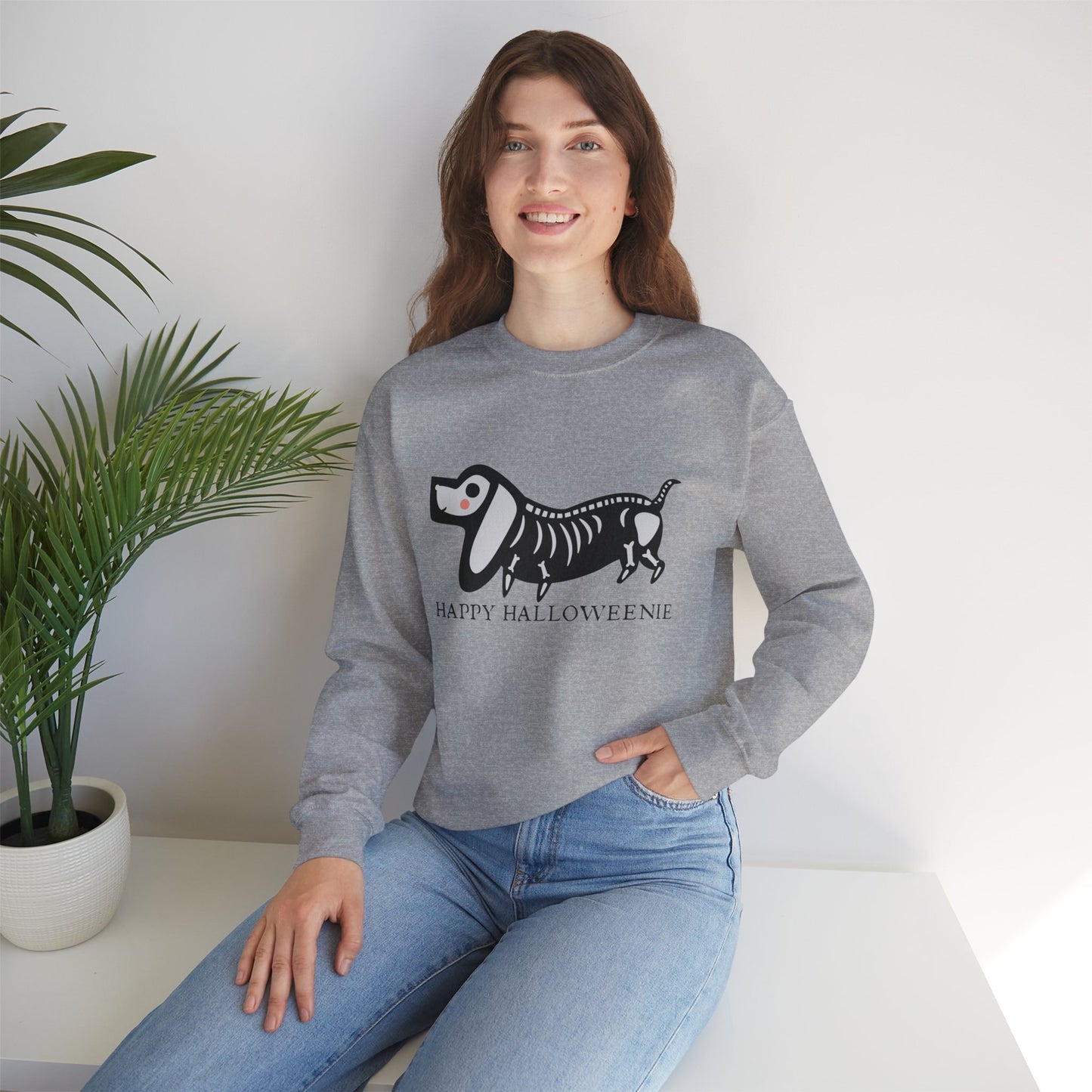 Funny Halloween Dachshund Lover Sweatshirt, Skeleton Dachshund Walking Graphic, Trick or Treat Shirt, Spooky Season, Happy Halloweenie Top Sweatshirt Printify   