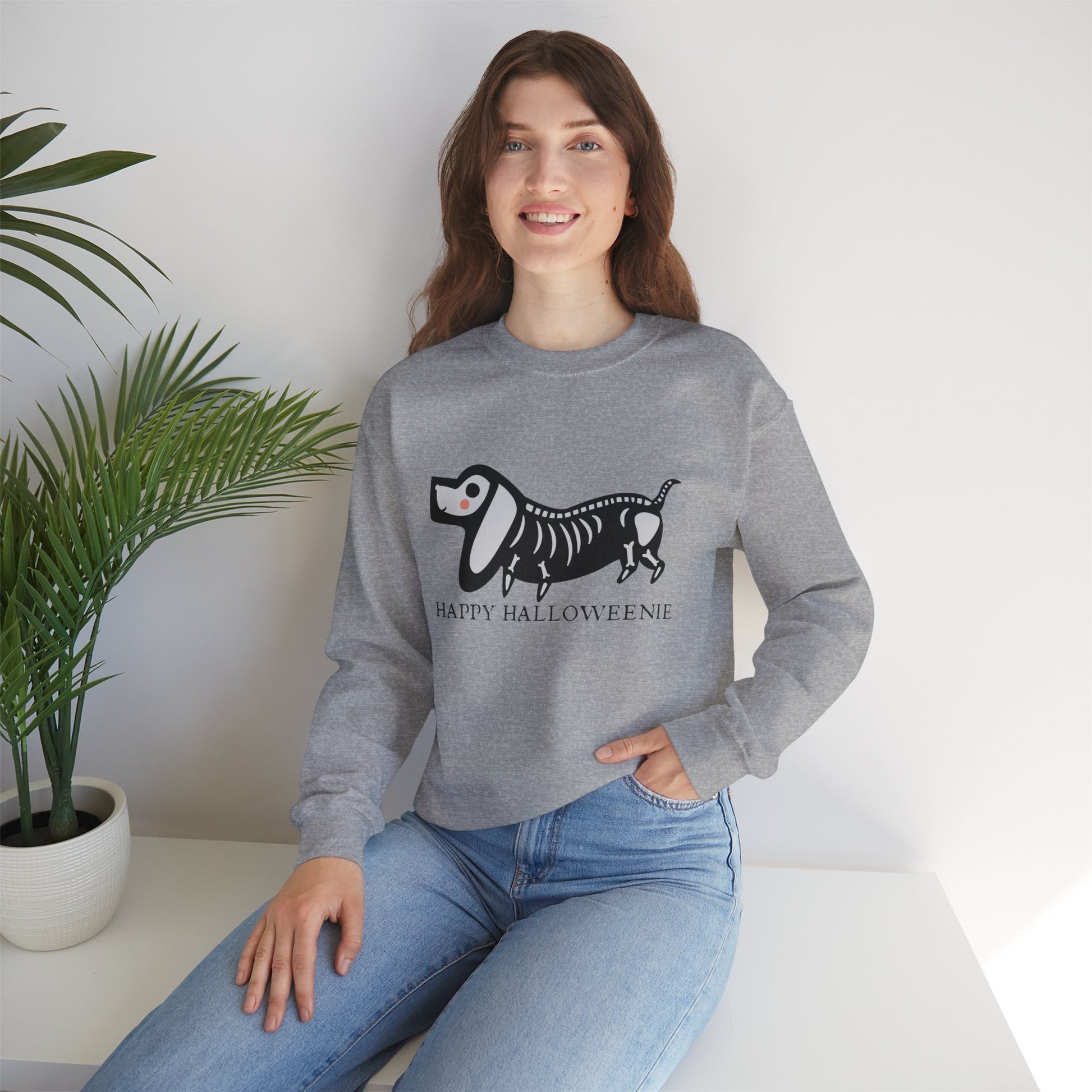 Funny Halloween Dachshund Lover Sweatshirt, Skeleton Dachshund Walking Graphic, Trick or Treat Shirt, Spooky Season, Happy Halloweenie Top Sweatshirt Printify   