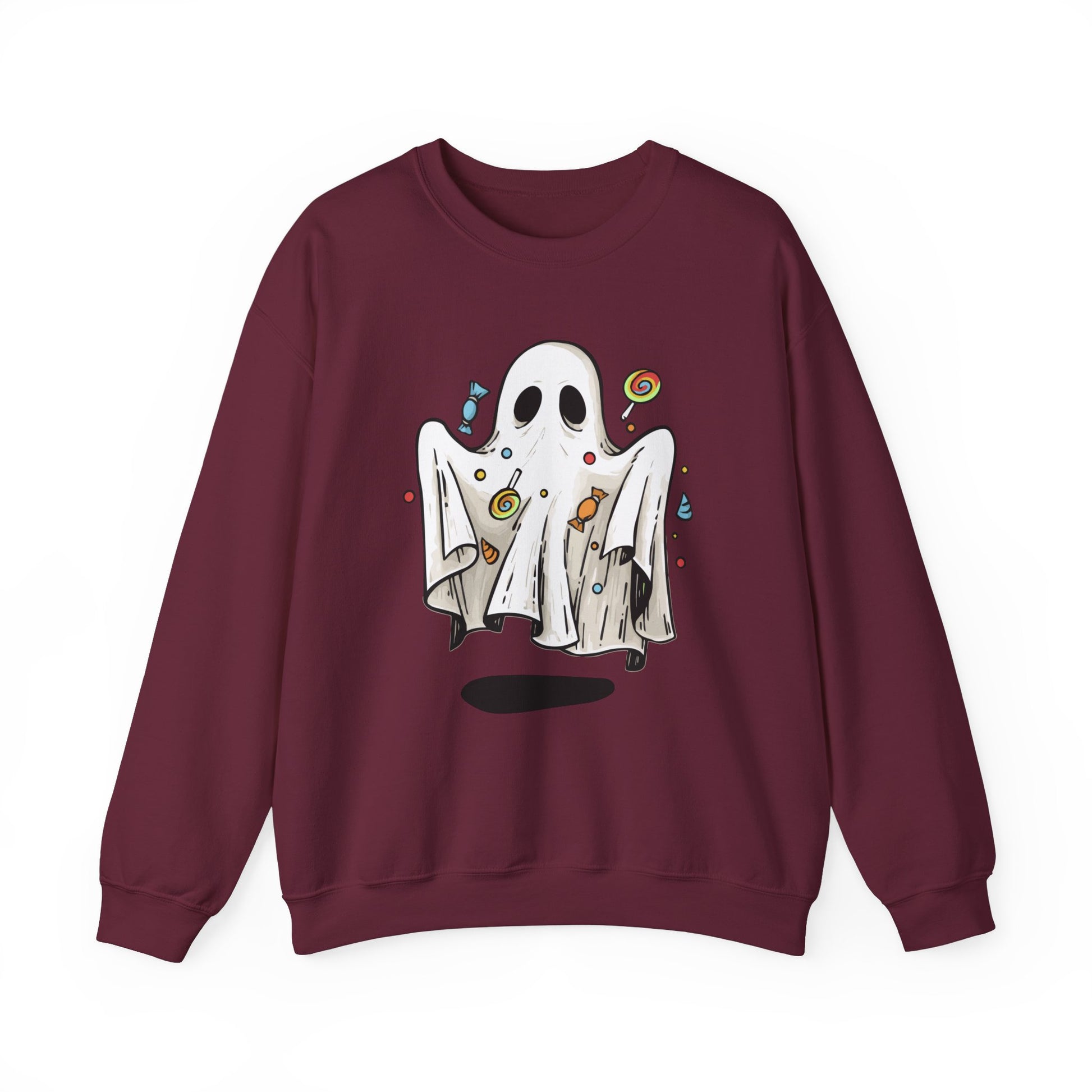 Cute Halloween Ghost Floating, Covered in Candy Sweatshirt, Trick or Treat Shirt, Spooky Ghost Season, Fun Halloween Party, Festival Sweater Sweatshirt Printify S Maroon 