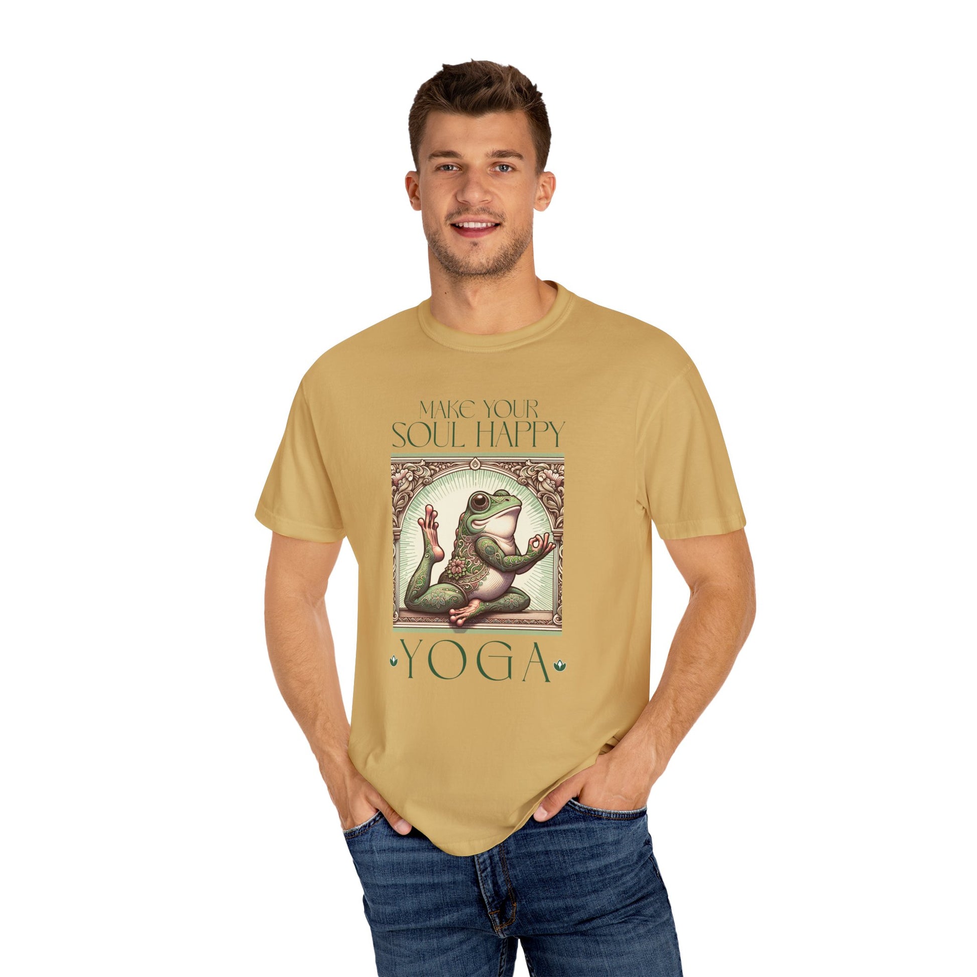 Green Yoga Frog Make Your Soul Happy Unisex T-Shirt, Casual Wear, Highlander Fan Gift, T-Shirt Printify