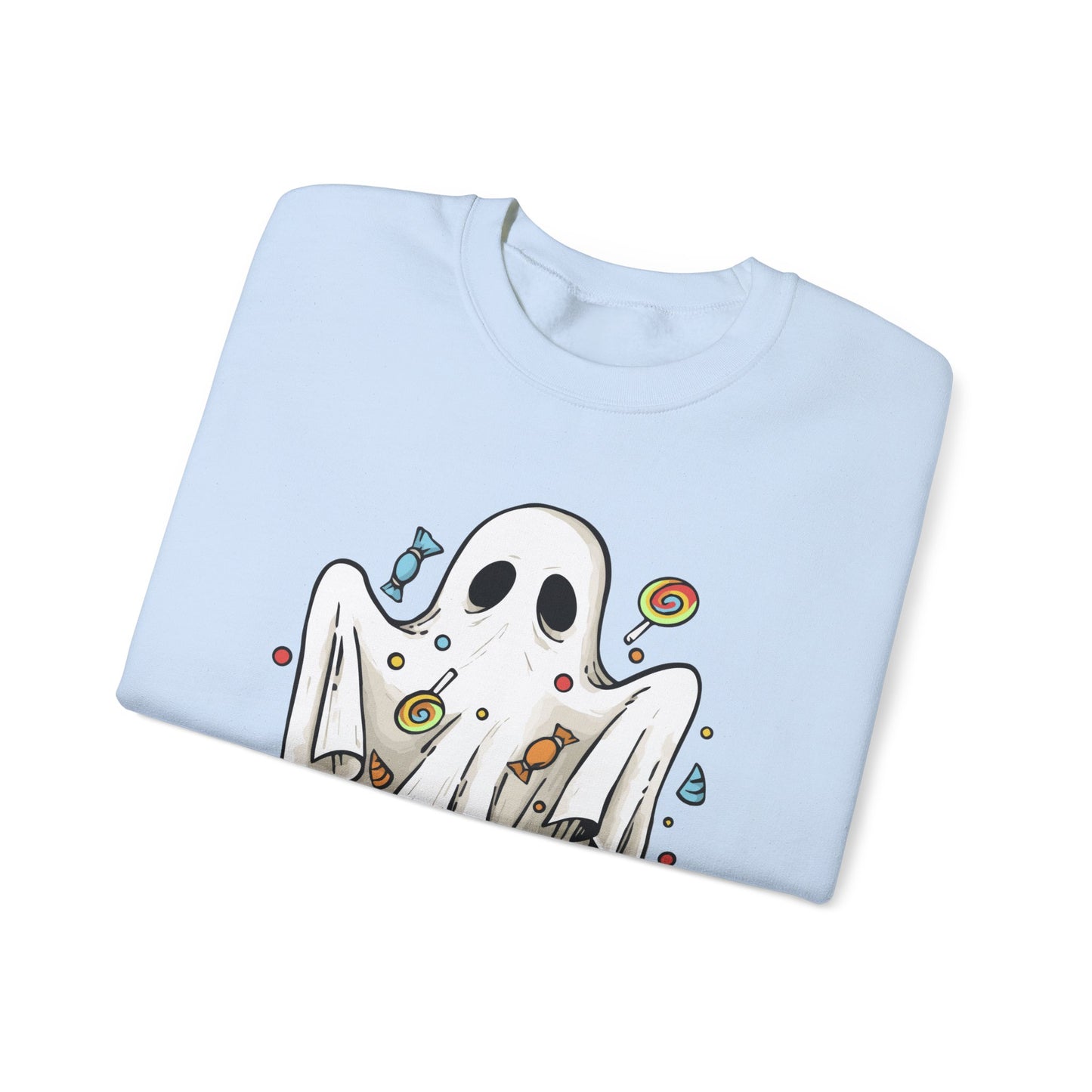 Cute Halloween Ghost Floating, Covered in Candy Sweatshirt, Trick or Treat Shirt, Spooky Ghost Season, Fun Halloween Party, Festival Sweater Sweatshirt Printify   