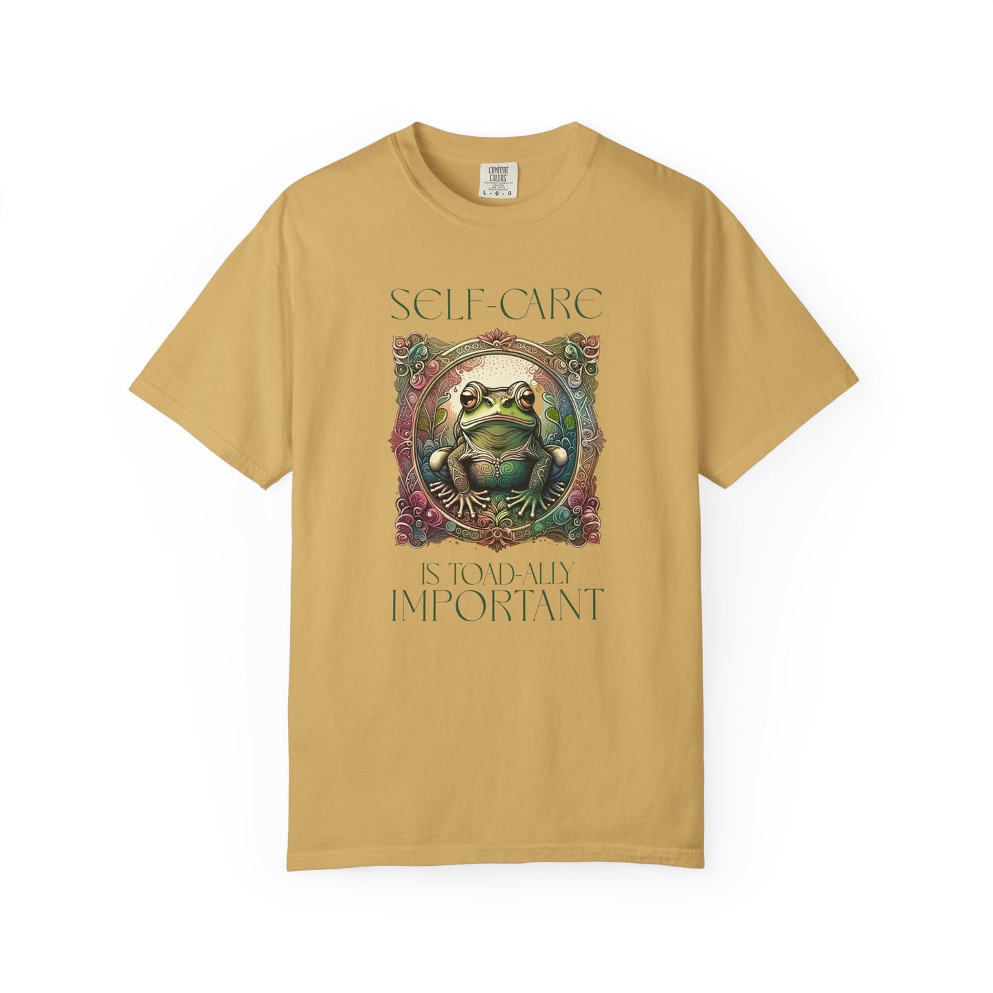 Green Yoga Frog Self-Care Is Toad-ally Important Unisex T-Shirt, Casual Wear, Highlander Fan Gift, T-Shirt Printify Mustard S
