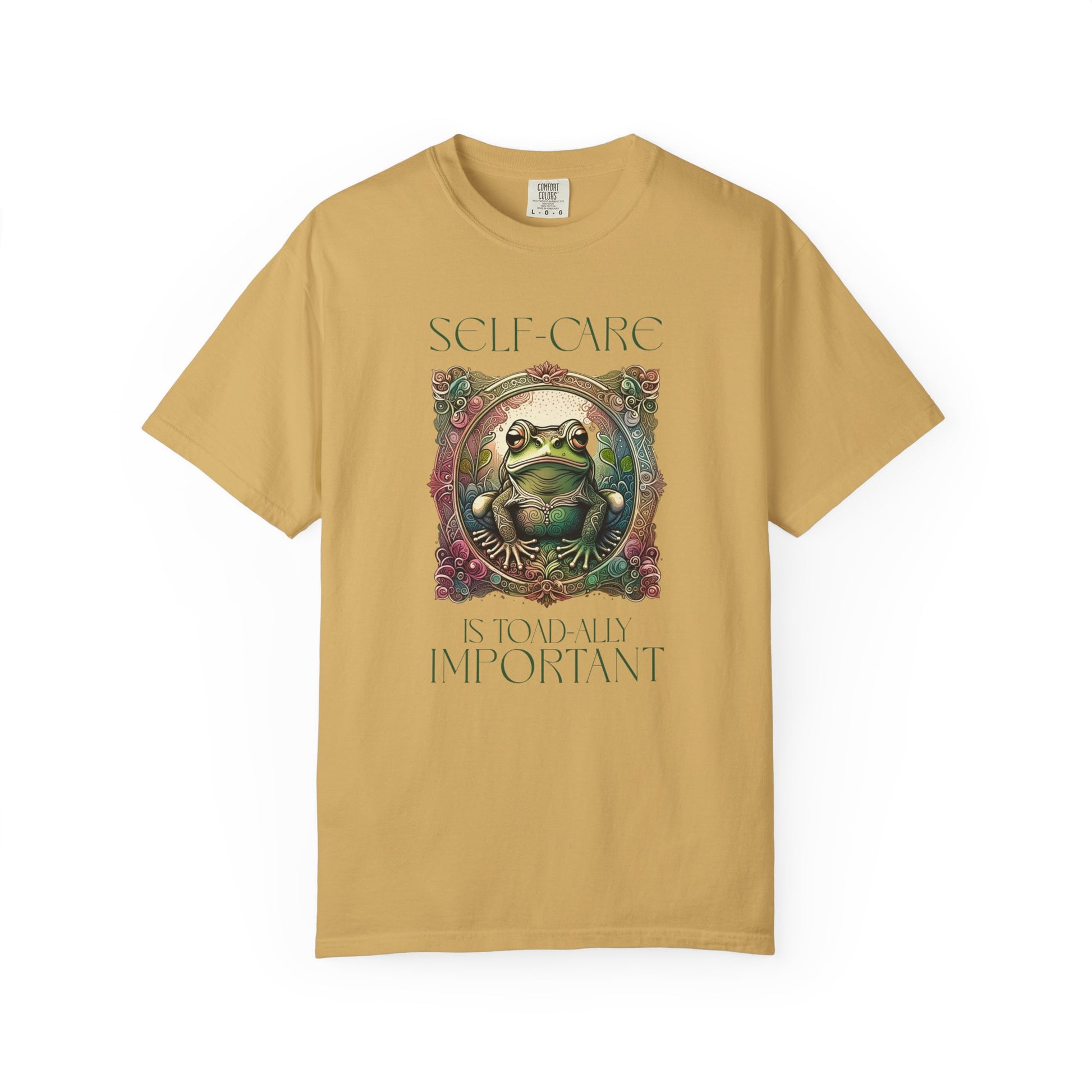 Green Yoga Frog Self-Care Is Toad-ally Important Unisex T-Shirt, Casual Wear, Highlander Fan Gift, T-Shirt Printify Mustard S