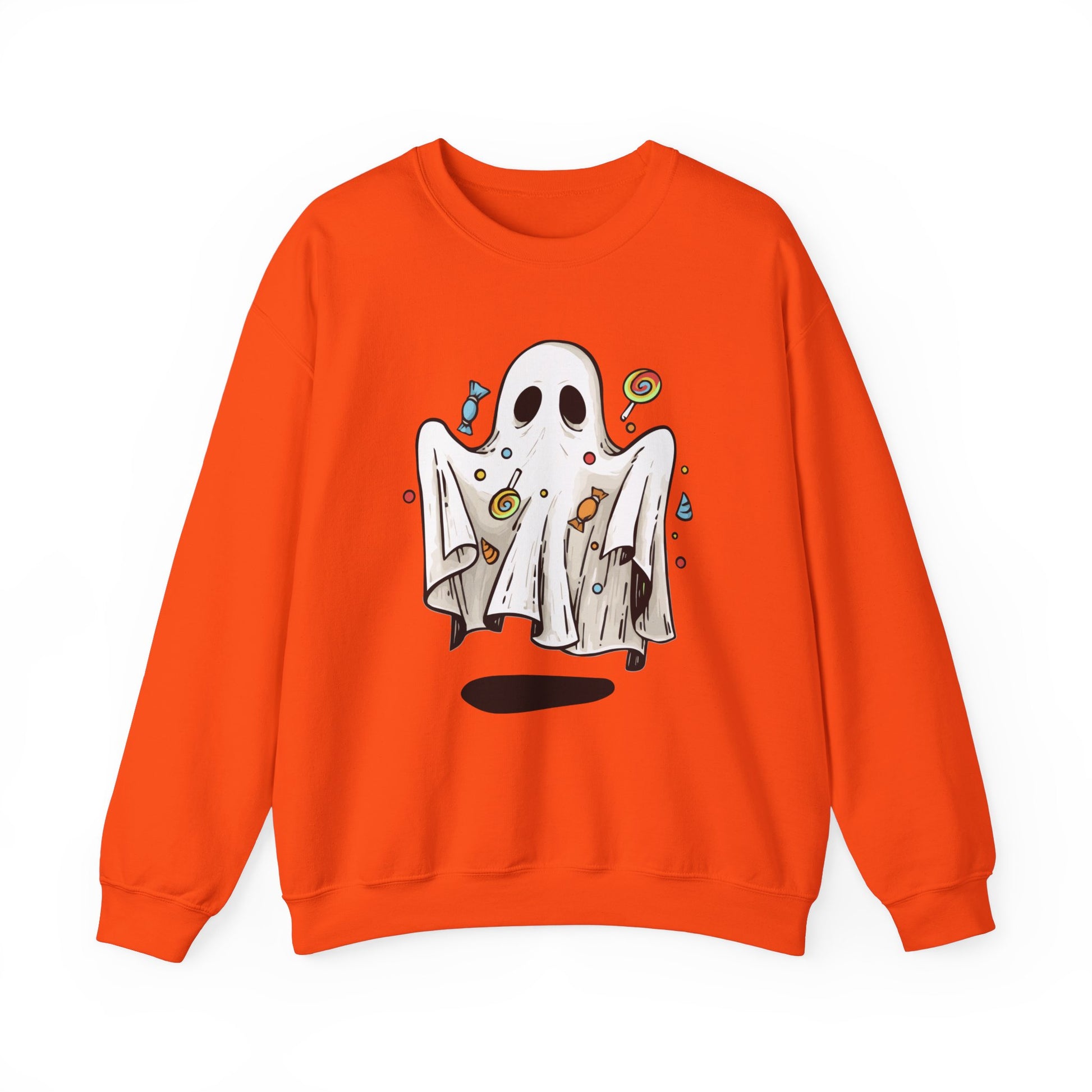 Cute Halloween Ghost Floating, Covered in Candy Sweatshirt, Trick or Treat Shirt, Spooky Ghost Season, Fun Halloween Party, Festival Sweater Sweatshirt Printify S Orange 