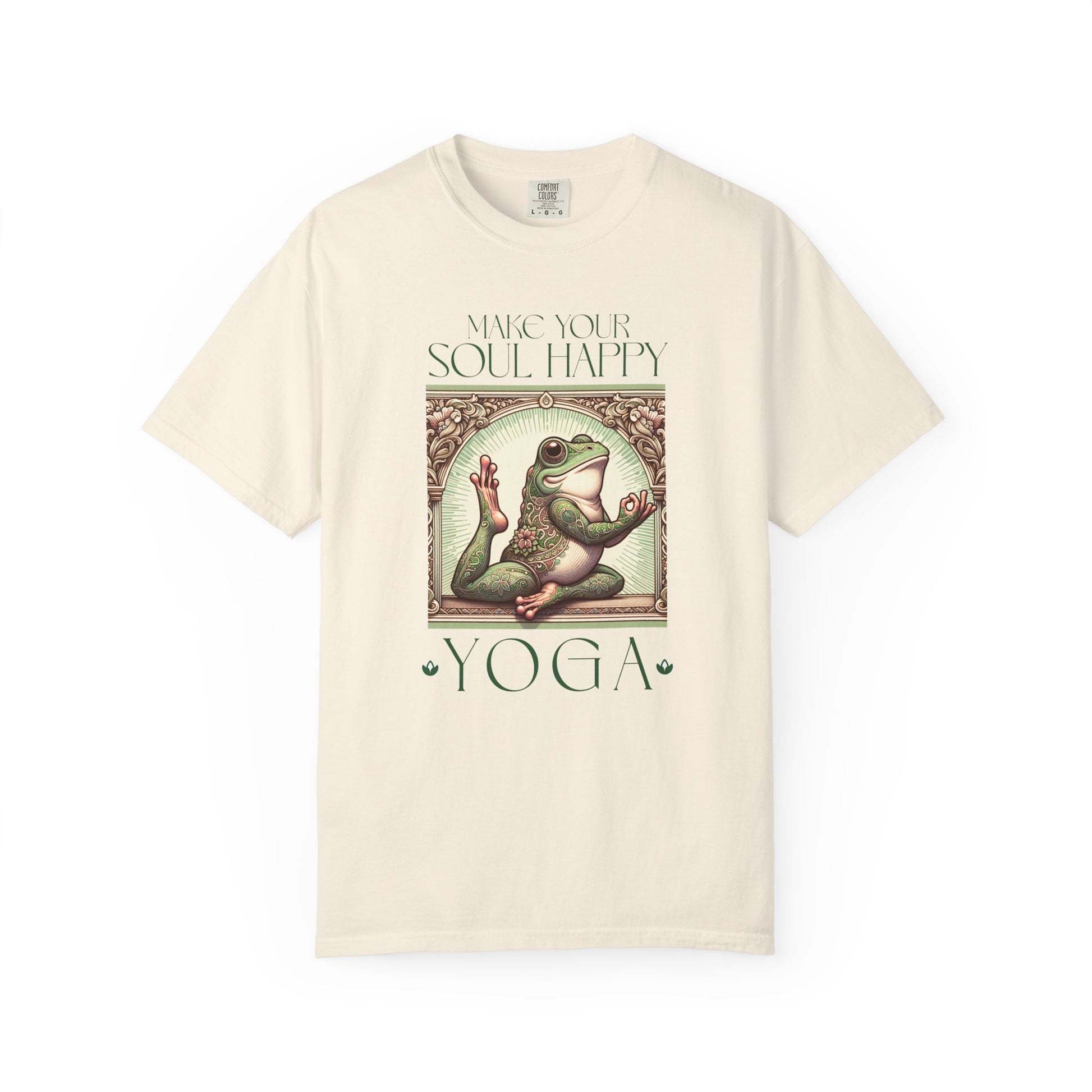 Green Yoga Frog Make Your Soul Happy Unisex T-Shirt, Casual Wear, Highlander Fan Gift, T-Shirt Printify Ivory S