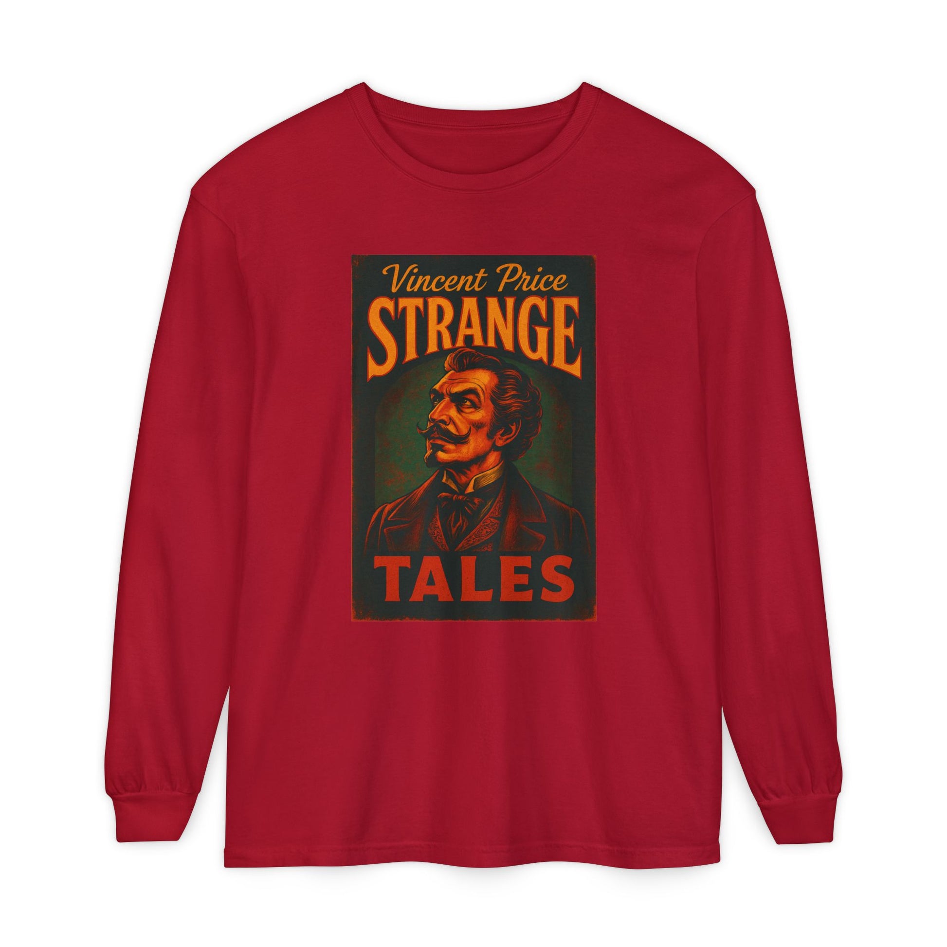 Vincent Price Strange Tales Long Sleeve T-Shirt, Vintage Horror Tee, Gothic Apparel, Halloween Costume, Retro Graphic Shirt Long-sleeve Printify Red S