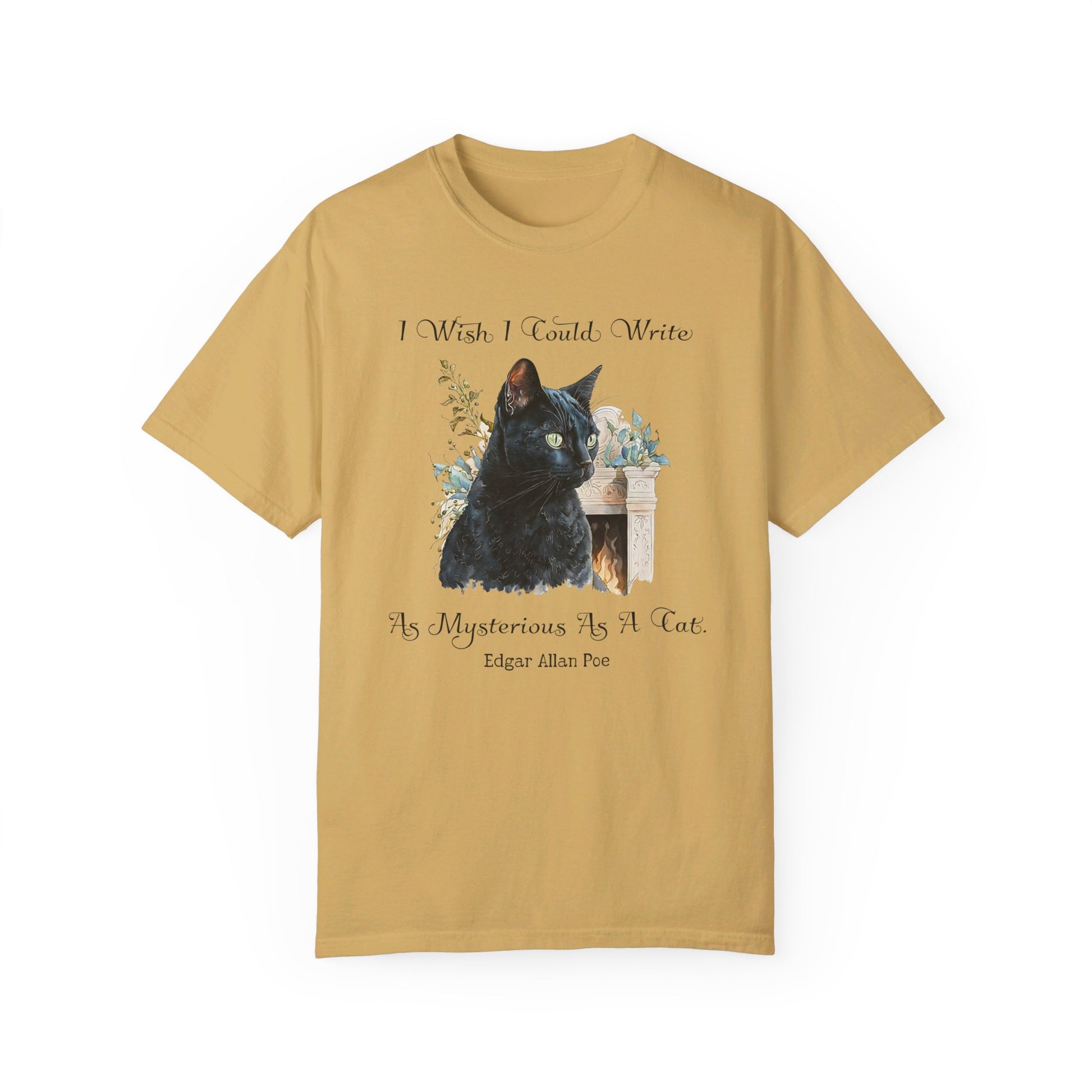 Edgar Allan Poe T-Shirt The Black Cat Nevermore The Raven Poe Fan Art Poetry Book Lover, Dark Cottagecore Macabre Gift, Light, Dark Academia T-Shirt Printify Mustard S 