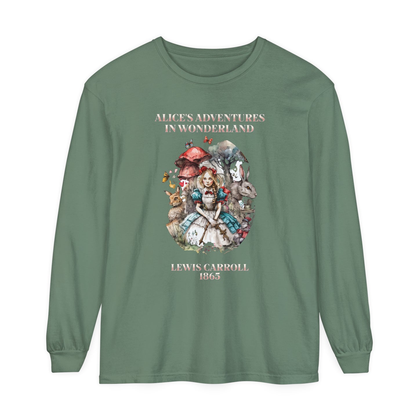 Alice in Wonderland Vintage Long Sleeve Shirt, Lewis Carroll Dark Academia TShirt, Mad Hatter Tea Party Queen of Hearts Bookish Booktok Gift Long-sleeve Printify Light Green S 