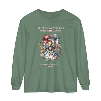 Alice in Wonderland Vintage Long Sleeve Shirt, Lewis Carroll Dark Academia TShirt, Mad Hatter Tea Party Queen of Hearts Bookish Booktok Gift Long-sleeve Printify Light Green S 