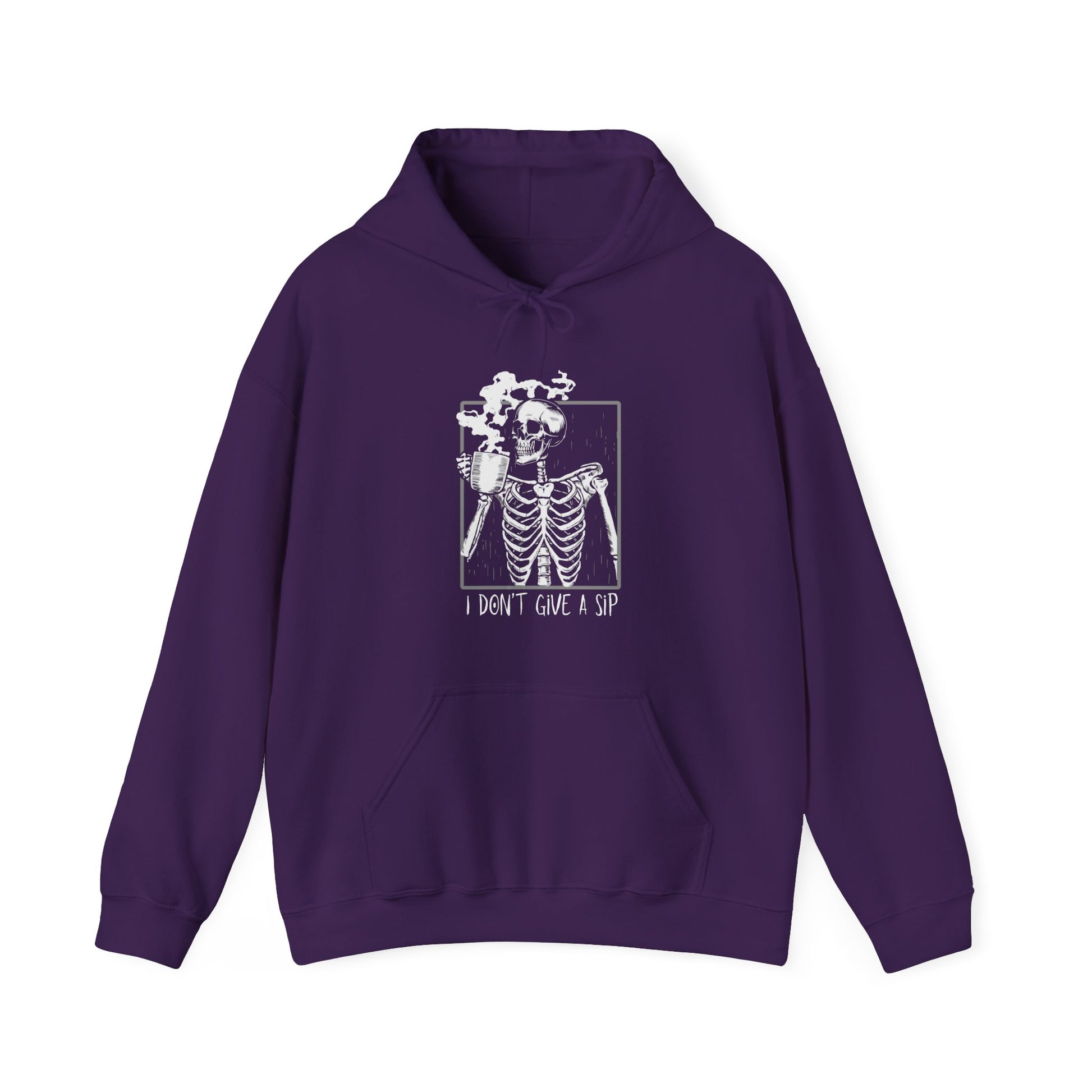 Halloween Skeleton Hoodie, Funny Coffee Drinking Skeleton, Spooky Season Sweater, Trick or Treating Shirt, Warm Halloween Party Hoodie Hoodie Printify Purple S 