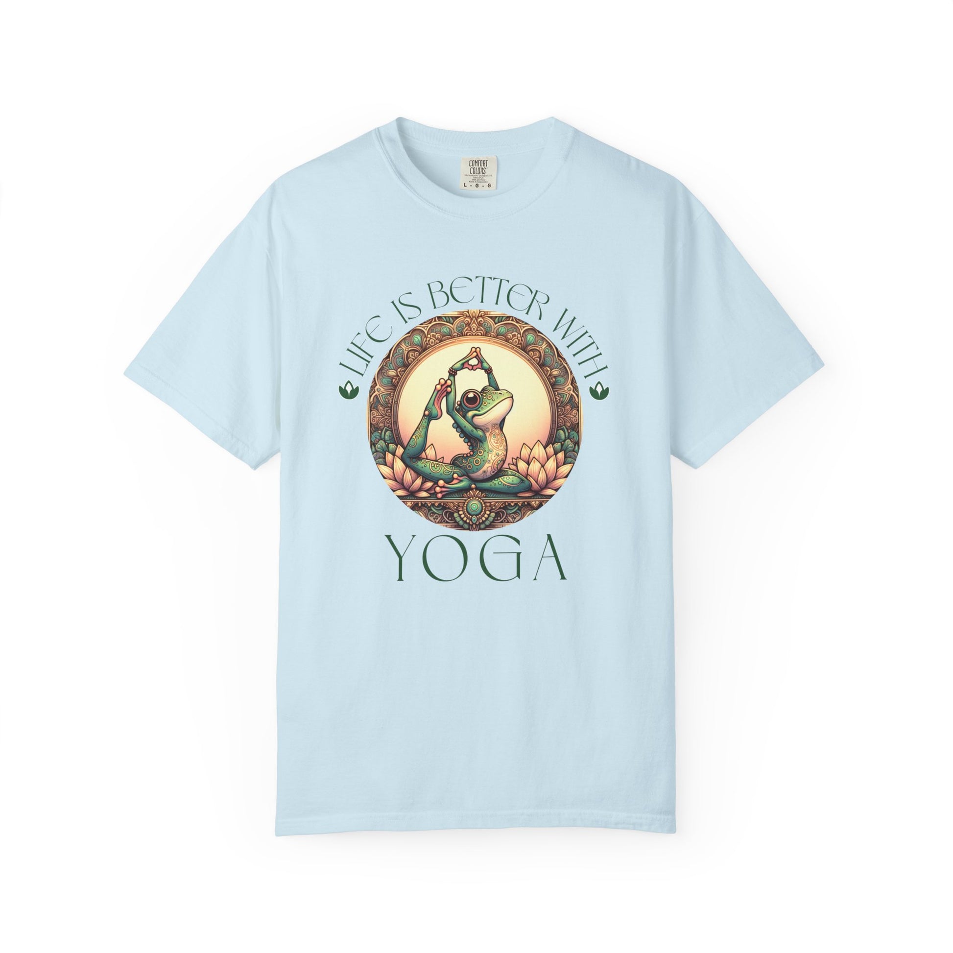 Green Yoga Frog Life Is Better With Yoga Unisex T-Shirt, Casual Wear, Highlander Fan Gift, T-Shirt Printify Chambray S