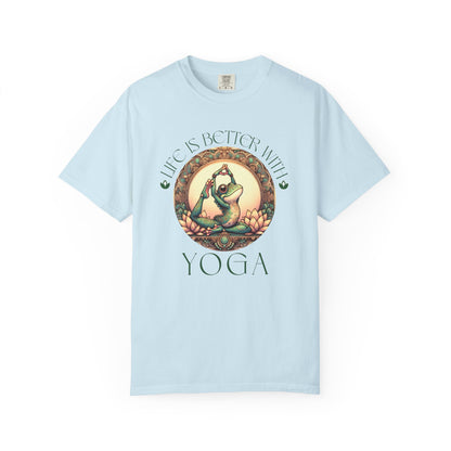 Green Yoga Frog Life Is Better With Yoga Unisex T-Shirt, Casual Wear, Highlander Fan Gift, T-Shirt Printify Chambray S