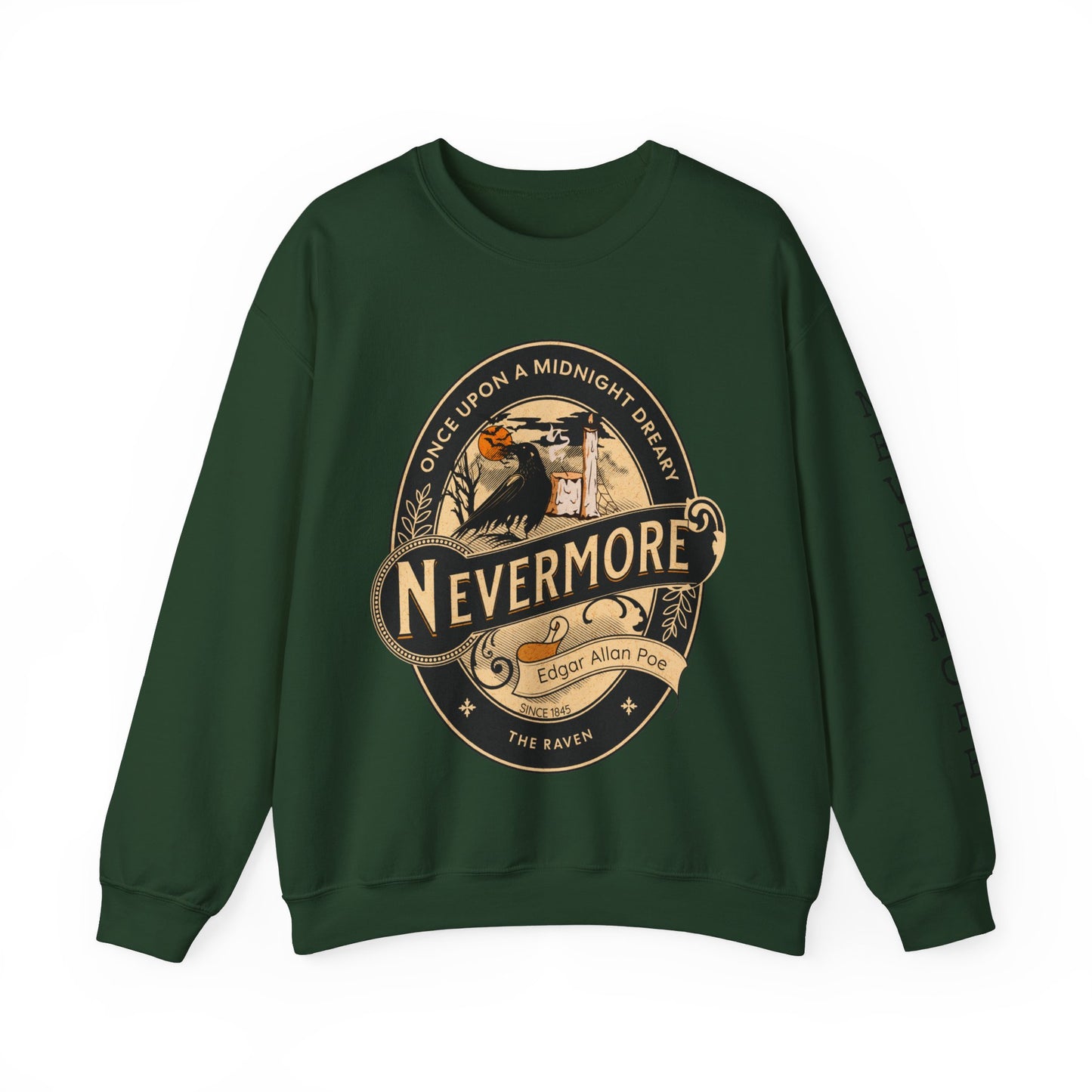 Edgar Allan Poe, Sleeve Print Nevermore The Raven Sweatshirt, Book Lover, Halloween, Haunting Gothic Gift, Light, Dark Academia, Horror Movie Sweater Sweatshirt Printify S Forest Green 