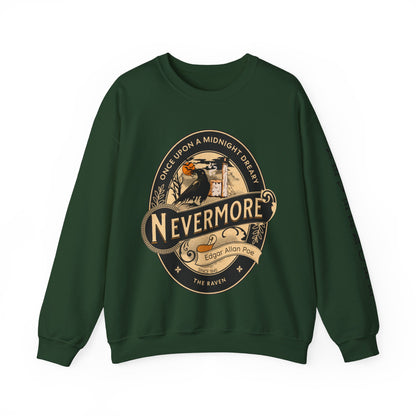 Edgar Allan Poe, Sleeve Print Nevermore The Raven Sweatshirt, Book Lover, Halloween, Haunting Gothic Gift, Light, Dark Academia, Horror Movie Sweater Sweatshirt Printify S Forest Green 