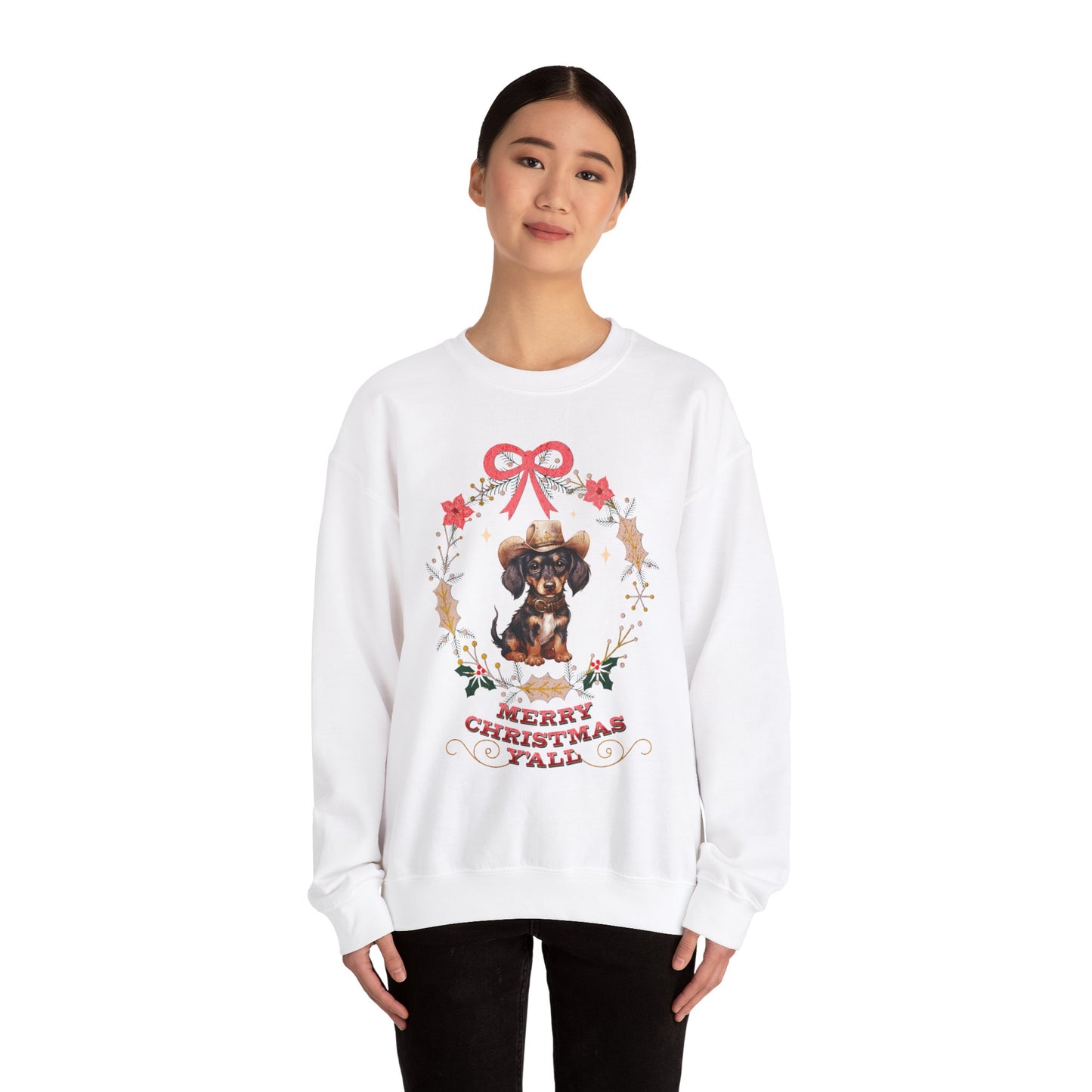 Western Dachshund Wiener Christmas Sweatshirt, Doxie Lover Gift Cowgirl Country Southern Rodeo Christmas Sweater, Animal Lover Farm Life Git Sweatshirt Printify   