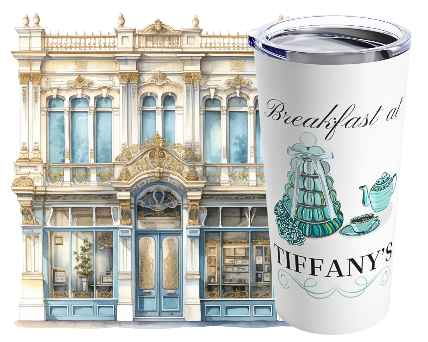 Breakfast at Tiffany's T & Co 20oz Tumbler, Classic Audrey Crew, Girls Brunching Weekend, Holly Golightly Fan Gift For Mom, Book Club Gift Mug Printify   