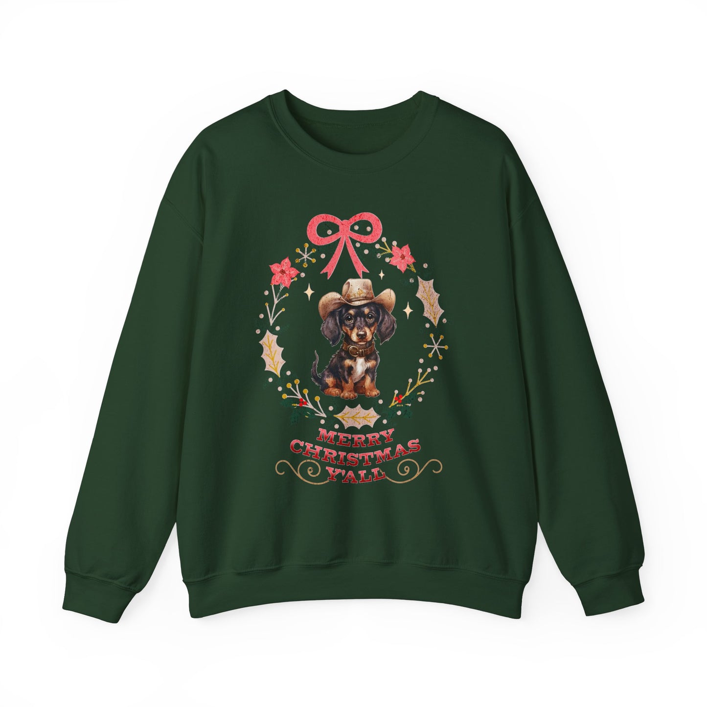 Western Dachshund Wiener Christmas Sweatshirt, Doxie Lover Gift Cowgirl Country Southern Rodeo Christmas Sweater, Animal Lover Farm Life Git Sweatshirt Printify S Forest Green 