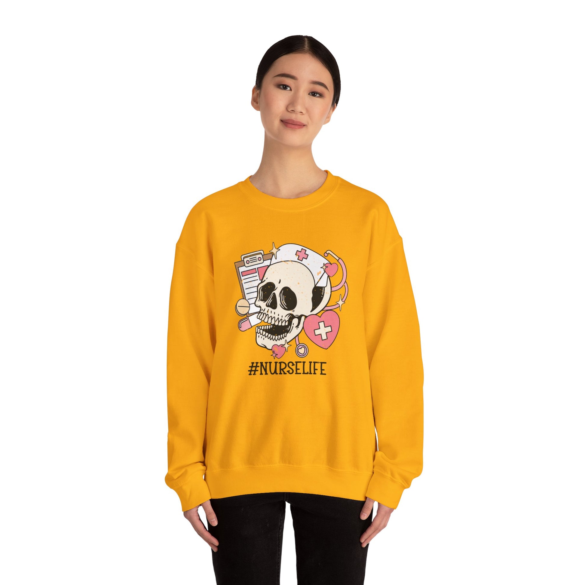 Halloween Nurse Sweatshirt,  Funny Spooky Skull Graphic Shirt, Spooky Season Sweater, Fall Season, Autumn Style Sweatshirt Sweatshirt Printify   