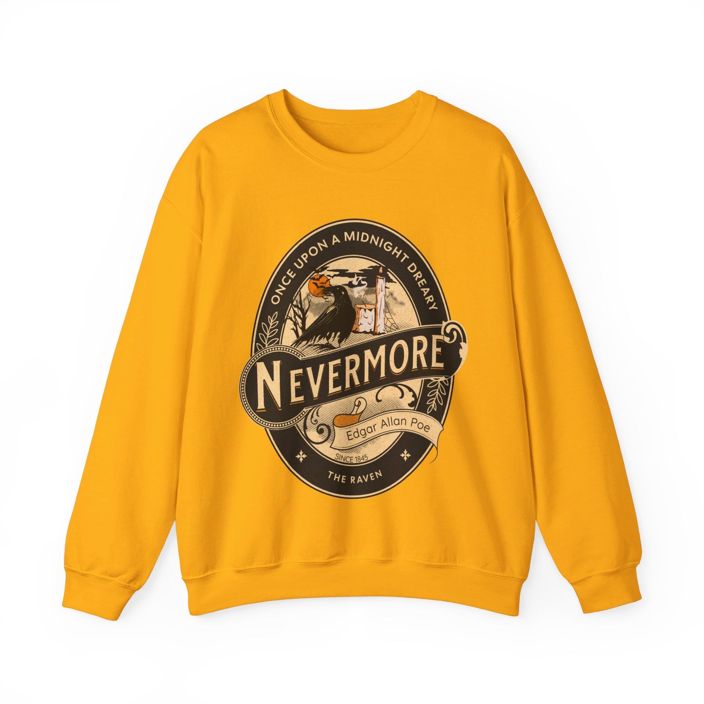 Edgar Allan Poe, Nevermore The Raven Sweatshirt, Book Lover, Halloween, Haunting Gothic Gift, Light, Dark Academia, Horror Movie Sweater Sweatshirt Printify S Gold 