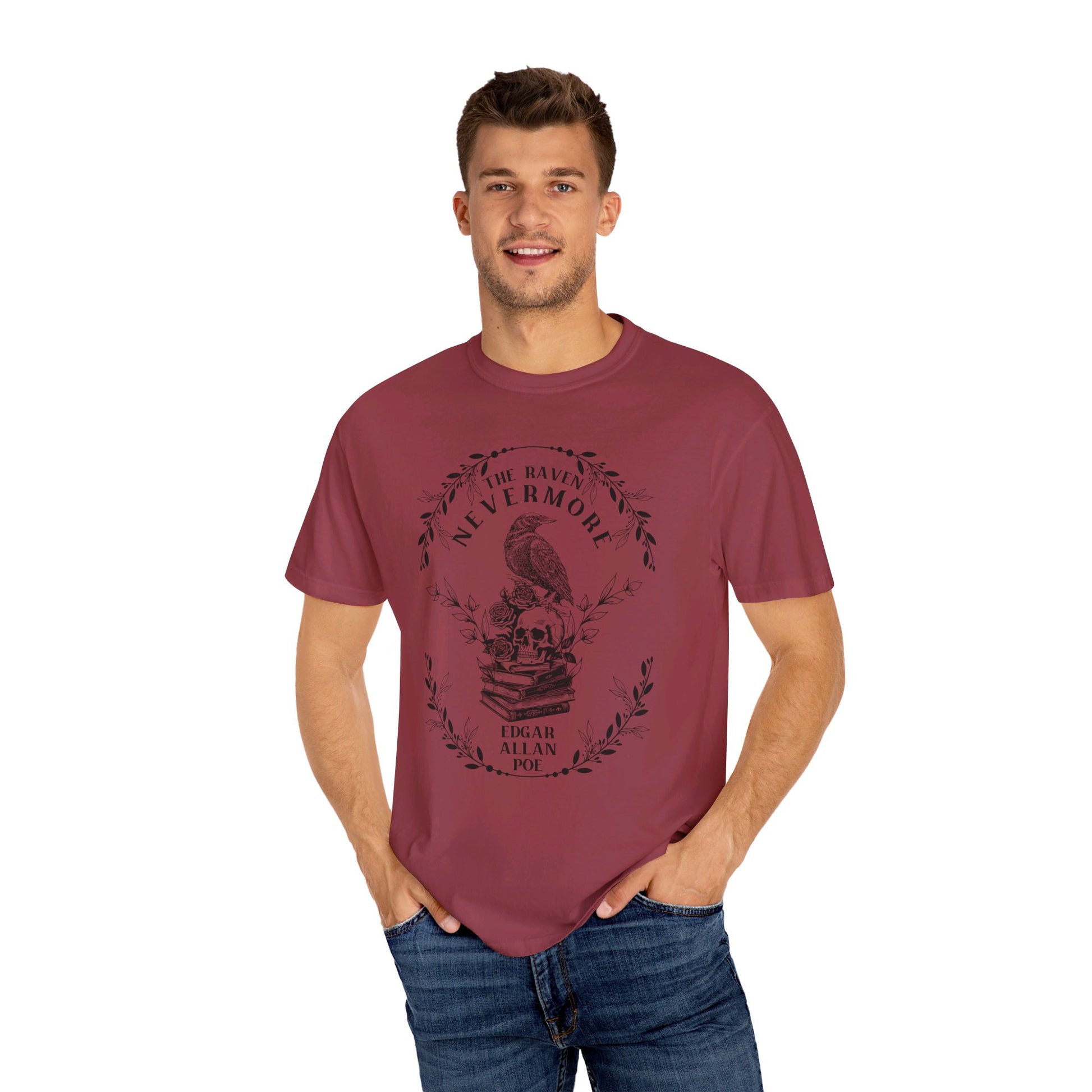 Edgar Allan Poe, Nevermore The Raven Comfort Colors TShirt, Book Lover, Halloween, Haunting Gothic Gift, Light, Dark Academia, Horror Movie T-Shirt Printify   
