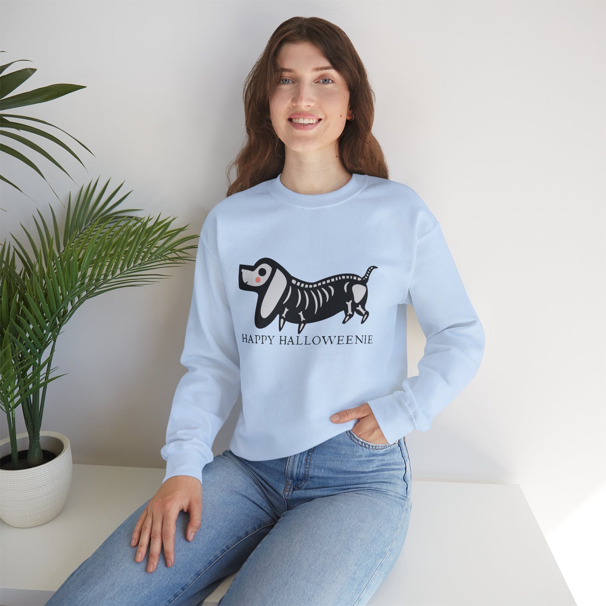 Funny Halloween Dachshund Lover Sweatshirt, Skeleton Dachshund Walking Graphic, Trick or Treat Shirt, Spooky Season, Happy Halloweenie Top Sweatshirt Printify   