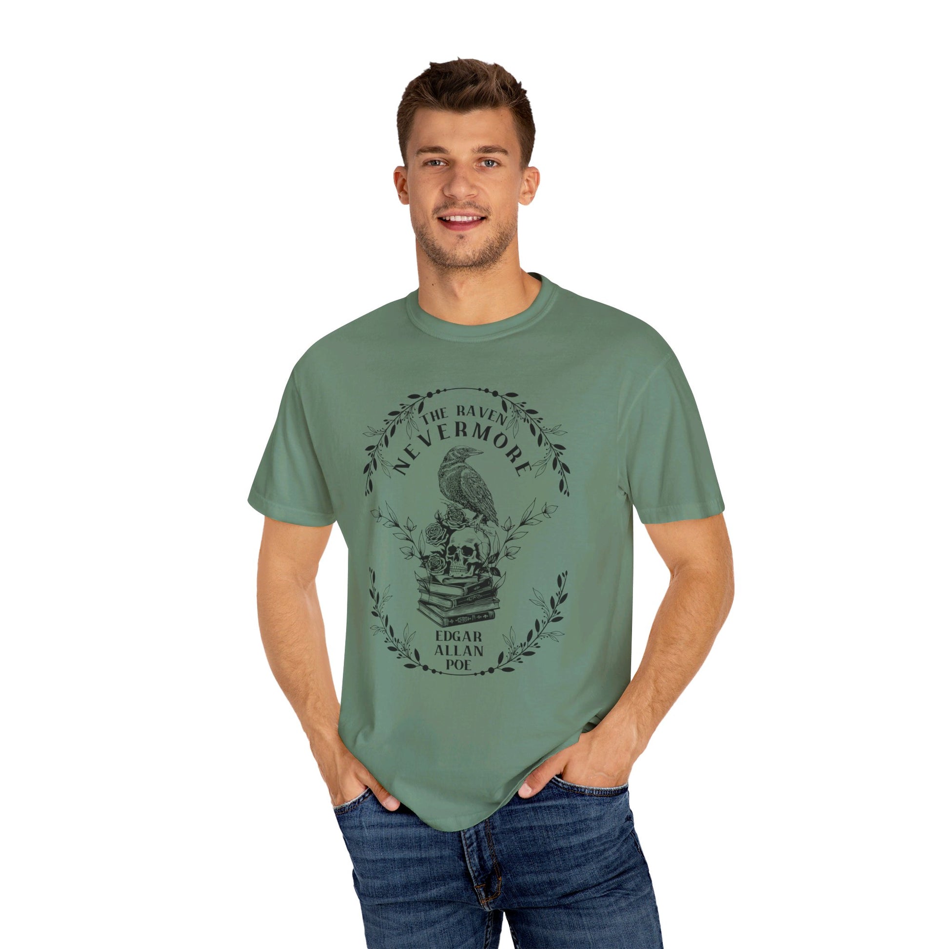 Edgar Allan Poe, Nevermore The Raven Comfort Colors TShirt, Book Lover, Halloween, Haunting Gothic Gift, Light, Dark Academia, Horror Movie T-Shirt Printify   
