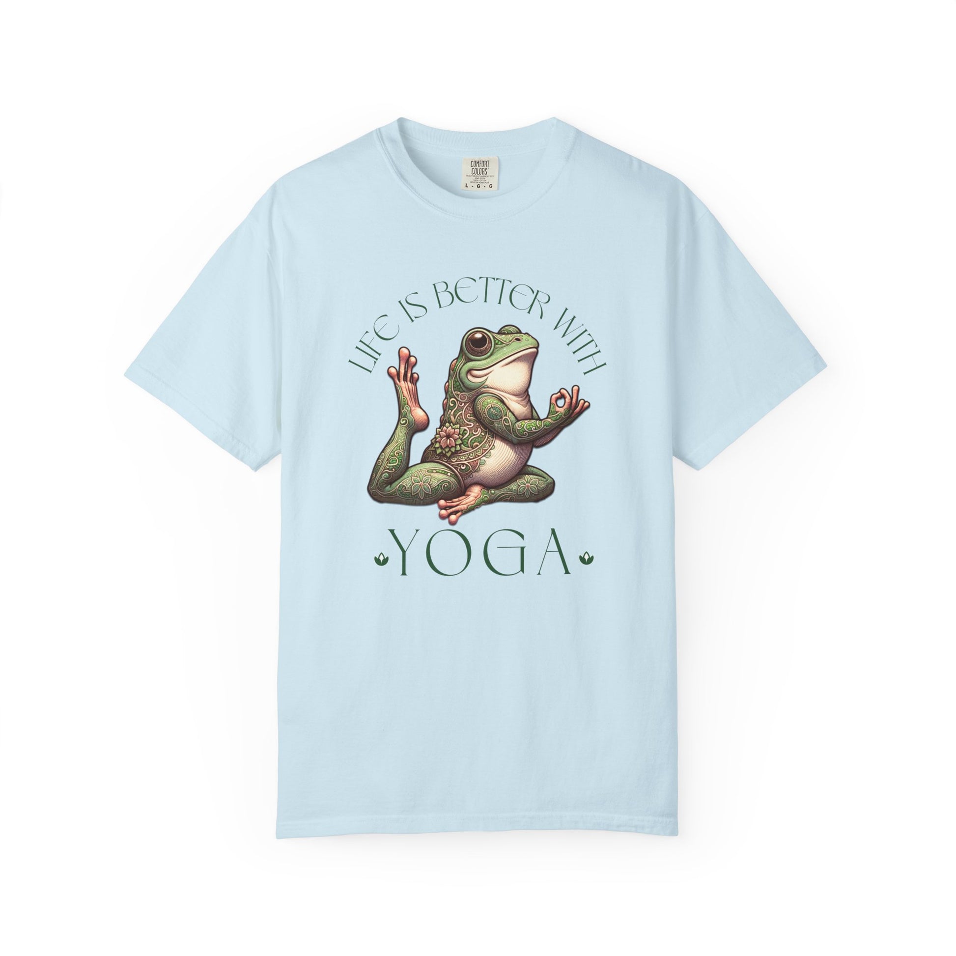Green Yoga Frog Life Is Better With Yoga Unisex T-Shirt, Casual Wear, Highlander Fan Gift, T-Shirt Printify Chambray S