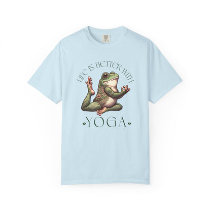 Green Yoga Frog Life Is Better With Yoga Unisex T-Shirt, Casual Wear, Highlander Fan Gift, T-Shirt Printify Chambray S