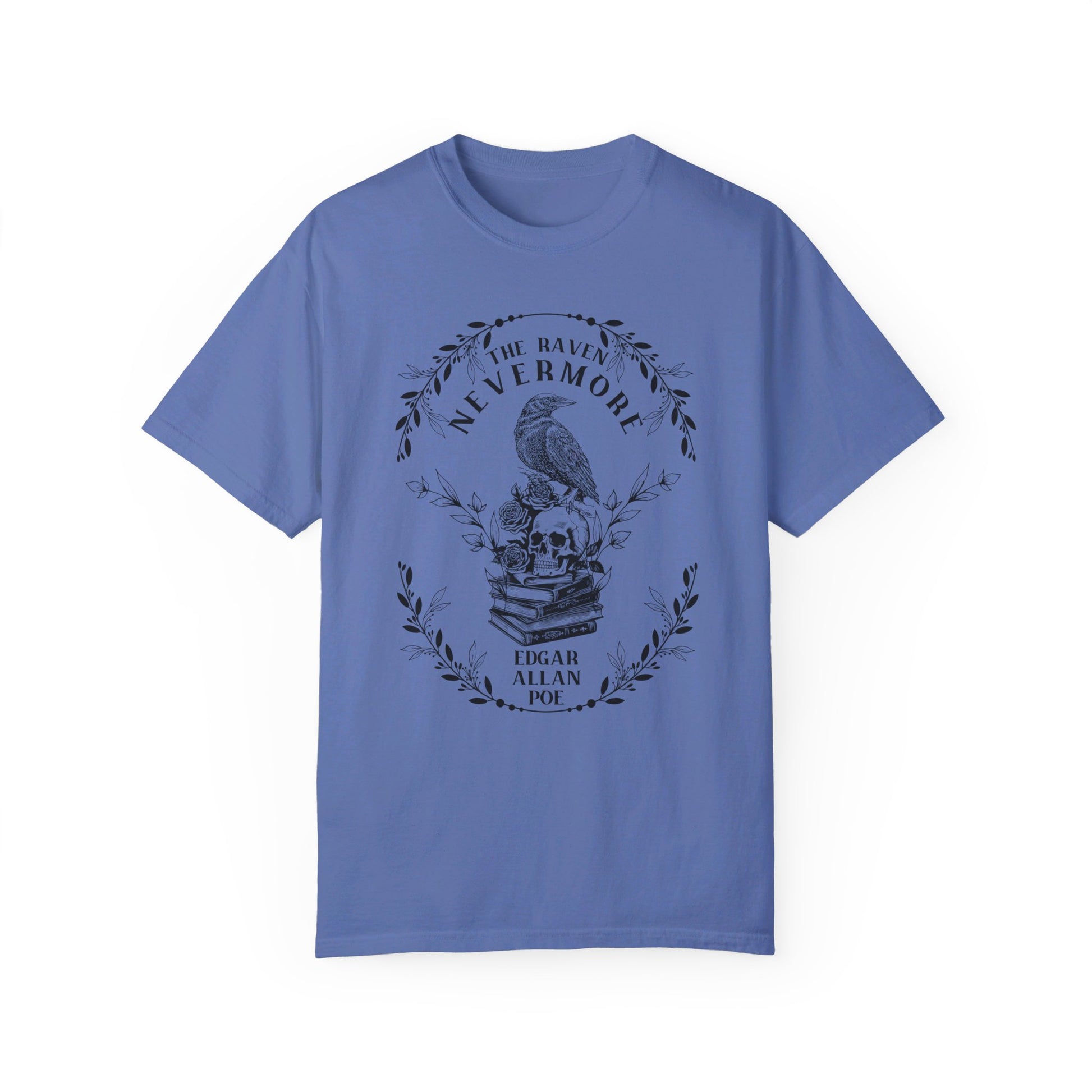 Edgar Allan Poe, Nevermore The Raven Comfort Colors TShirt, Book Lover, Halloween, Haunting Gothic Gift, Light, Dark Academia, Horror Movie T-Shirt Printify Mystic Blue S 