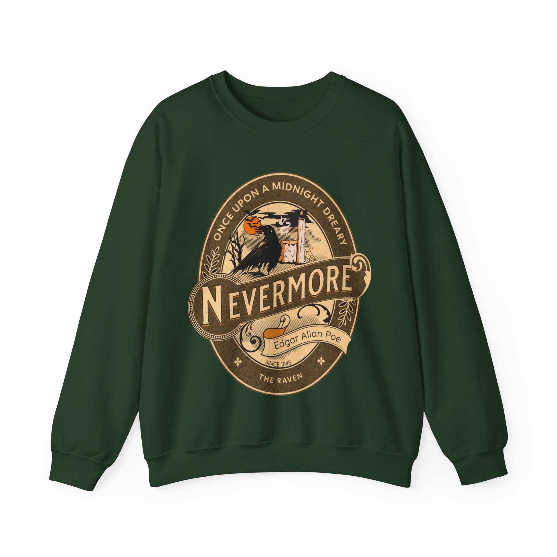 Edgar Allan Poe, Nevermore The Raven Sweatshirt, Book Lover, Halloween, Haunting Gothic Gift, Light, Dark Academia, Horror Movie Sweater Sweatshirt Printify S Forest Green 