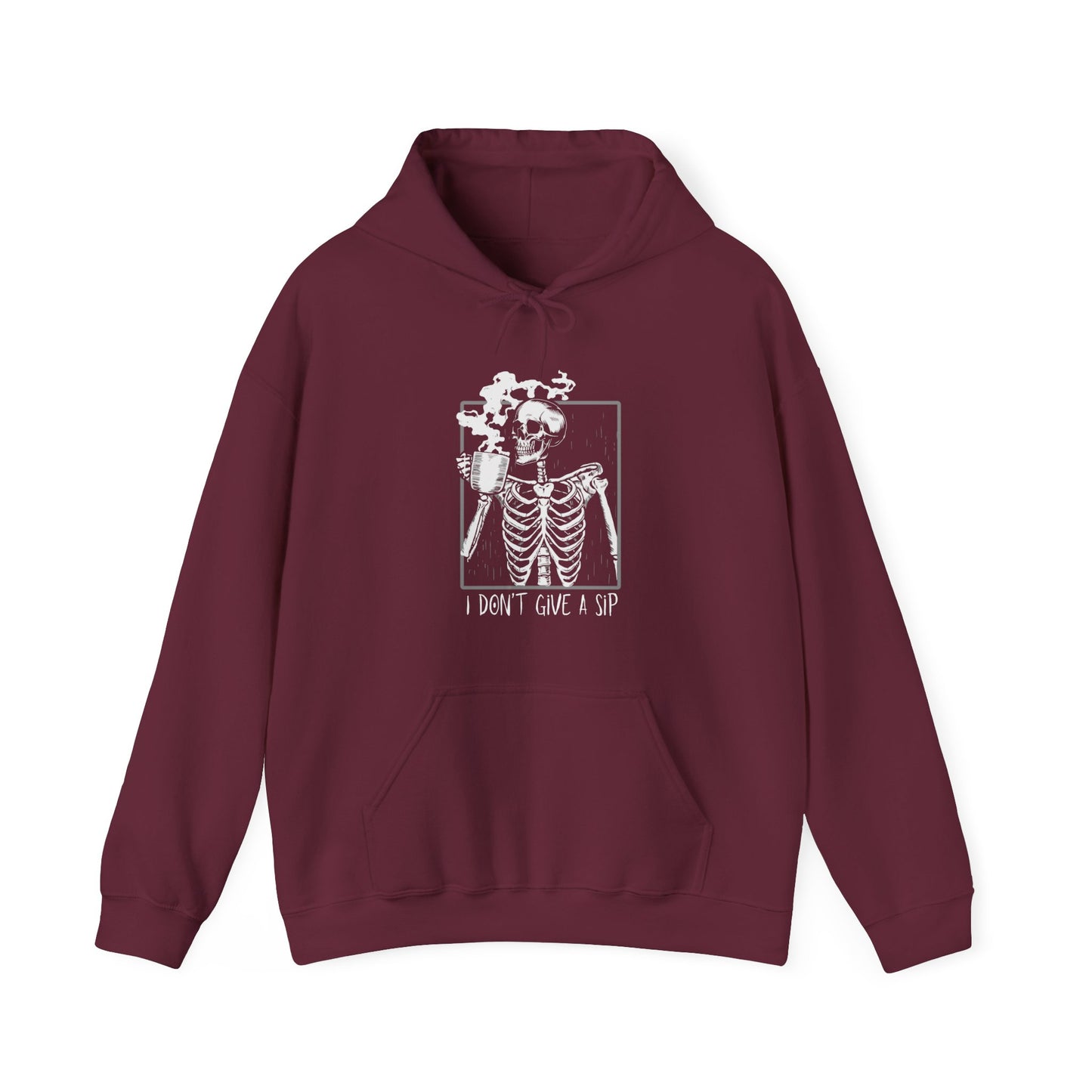 Halloween Skeleton Hoodie, Funny Coffee Drinking Skeleton, Spooky Season Sweater, Trick or Treating Shirt, Warm Halloween Party Hoodie Hoodie Printify Maroon S 