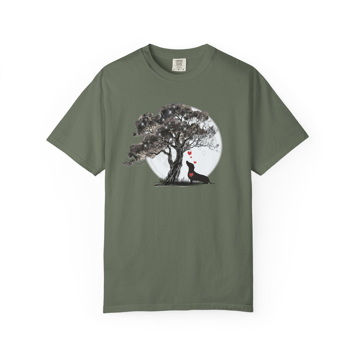 TREE MOON PET Black Dog Under Tree with Red Ball T-shirt | Dog Silhouette Nature Tee