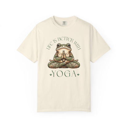 Green Yoga Frog Life Is Better With Yoga Unisex T-Shirt, Casual Wear, Highlander Fan Gift, T-Shirt Printify Ivory S