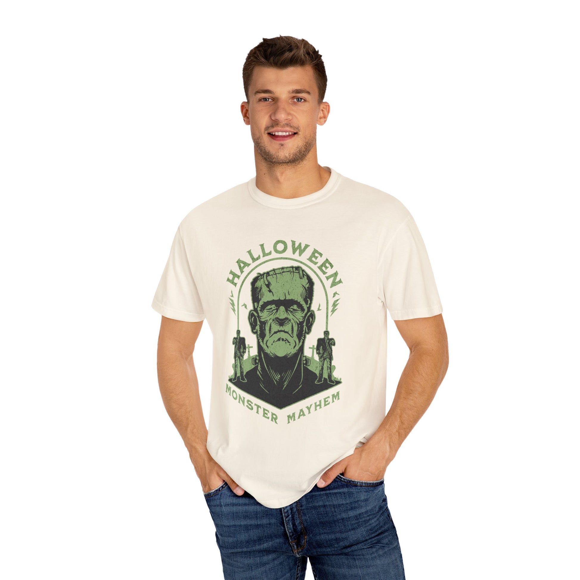 Vintage Halloween Frankenstein Monster Graphic Tee, Creepy Spooky Book Lover Gift, Horror Movie, Fall Festival Party Comfort Colors T Shirt. T-Shirt Printify   