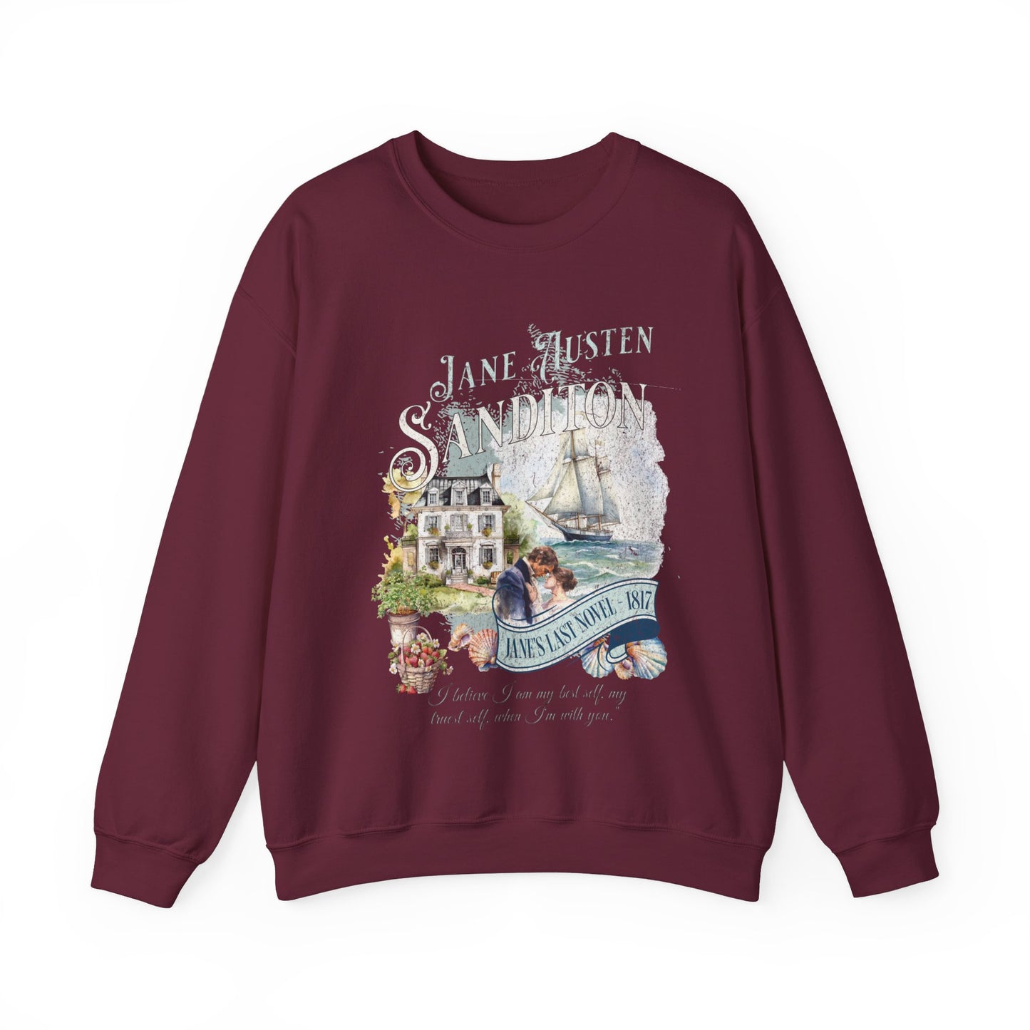 Jane Austen Sweatshirt, Sanditon Historical Romance, Bookish Literary Gift, Jane Austen Fan Art Shirt, Gift for Her, Gift for Readers, Sweatshirt Printify S Maroon 