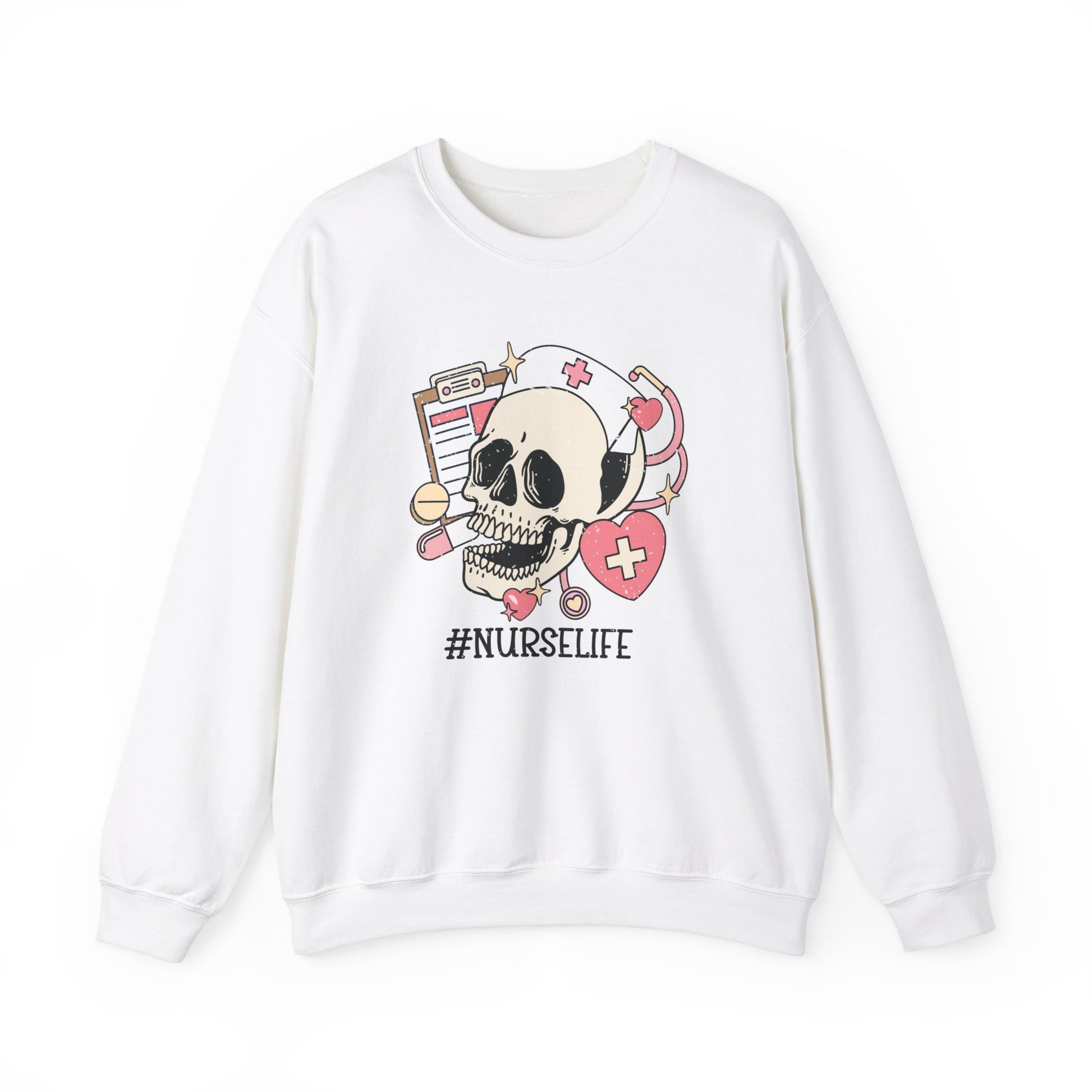 Halloween Nurse Sweatshirt,  Funny Spooky Skull Graphic Shirt, Spooky Season Sweater, Fall Season, Autumn Style Sweatshirt Sweatshirt Printify S White 